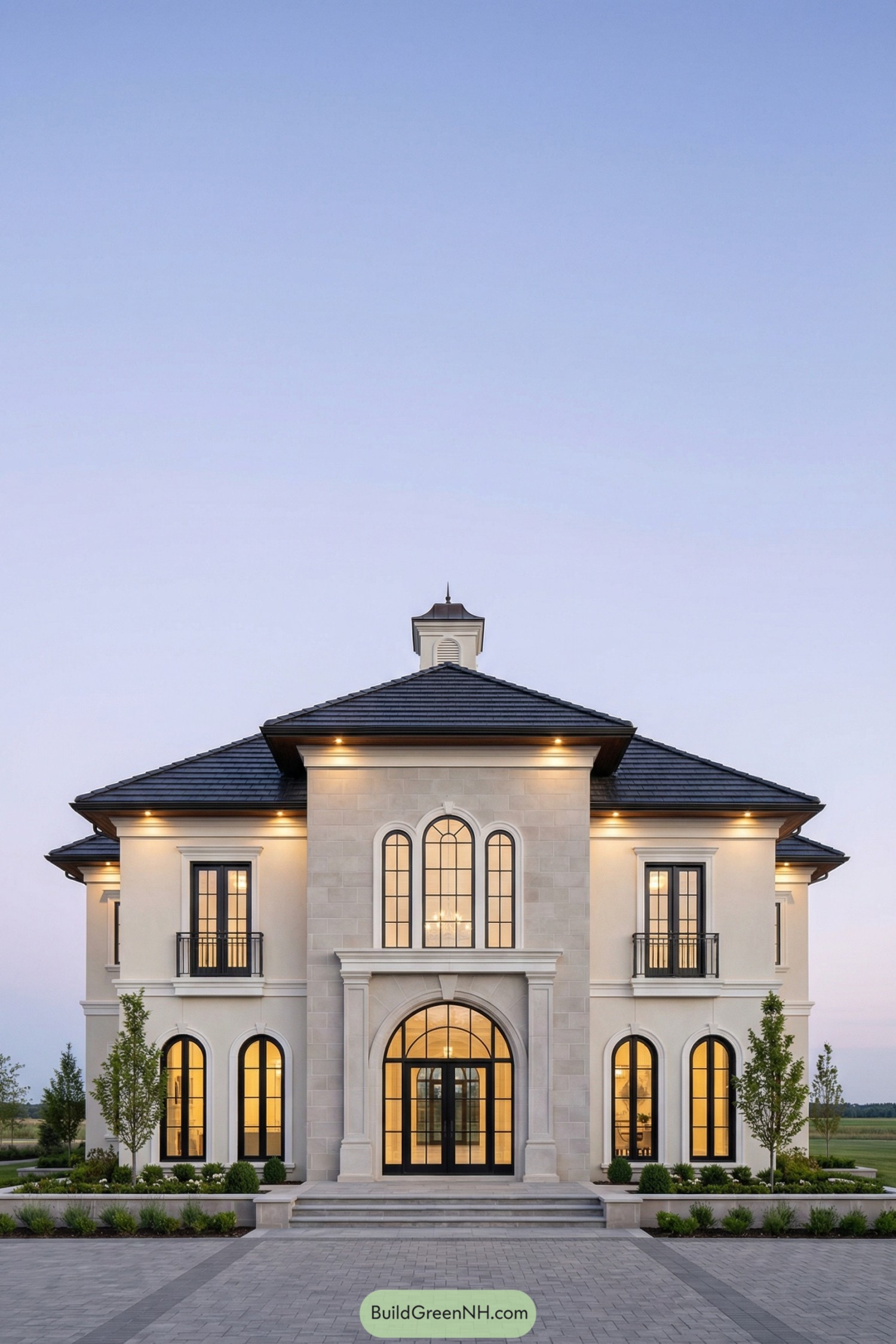 Symmetrical cream stone mansion with tall arched windows