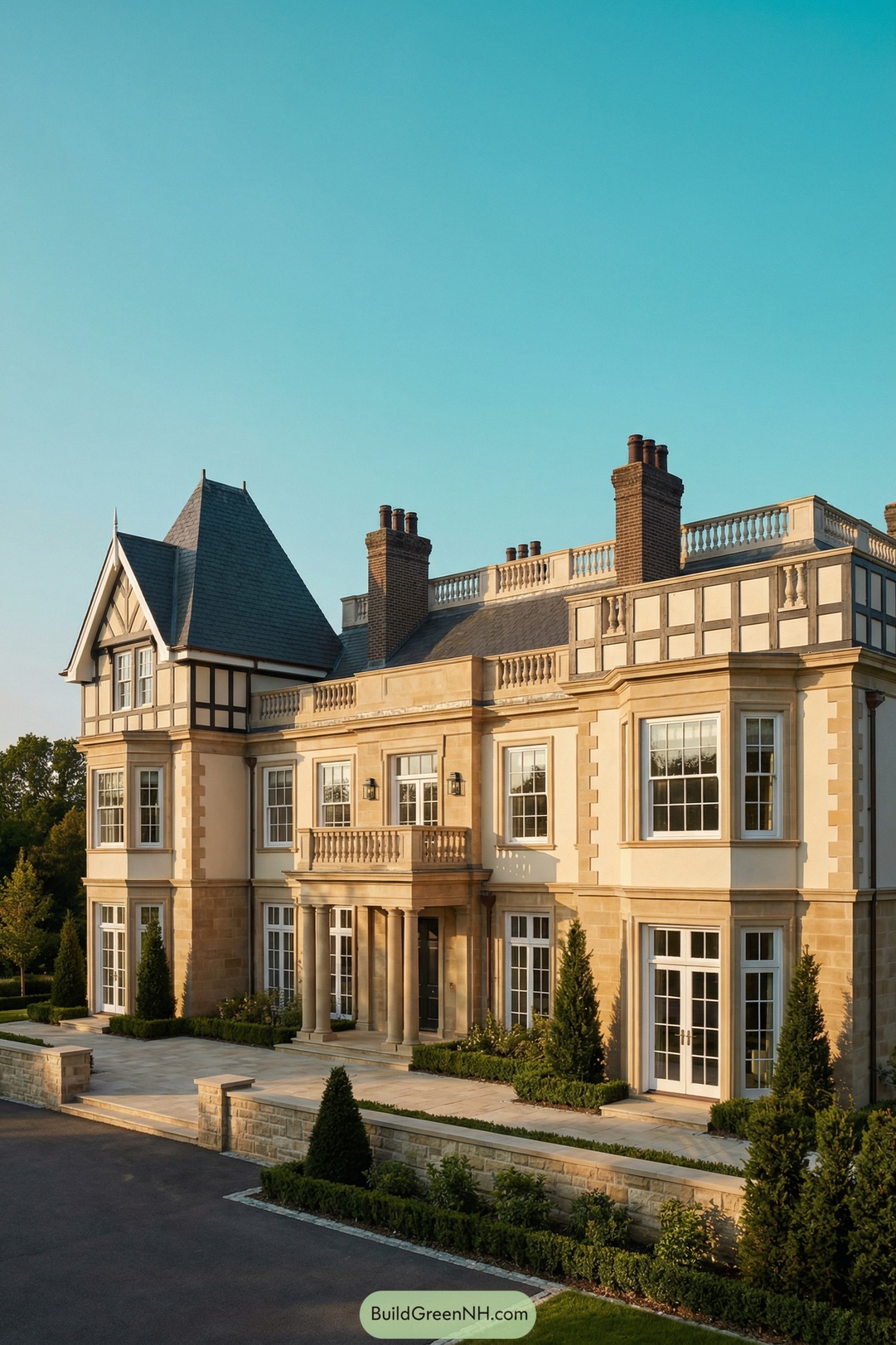 Elegant cream and stone mansion with Tudor-style detailing and tall chimneys