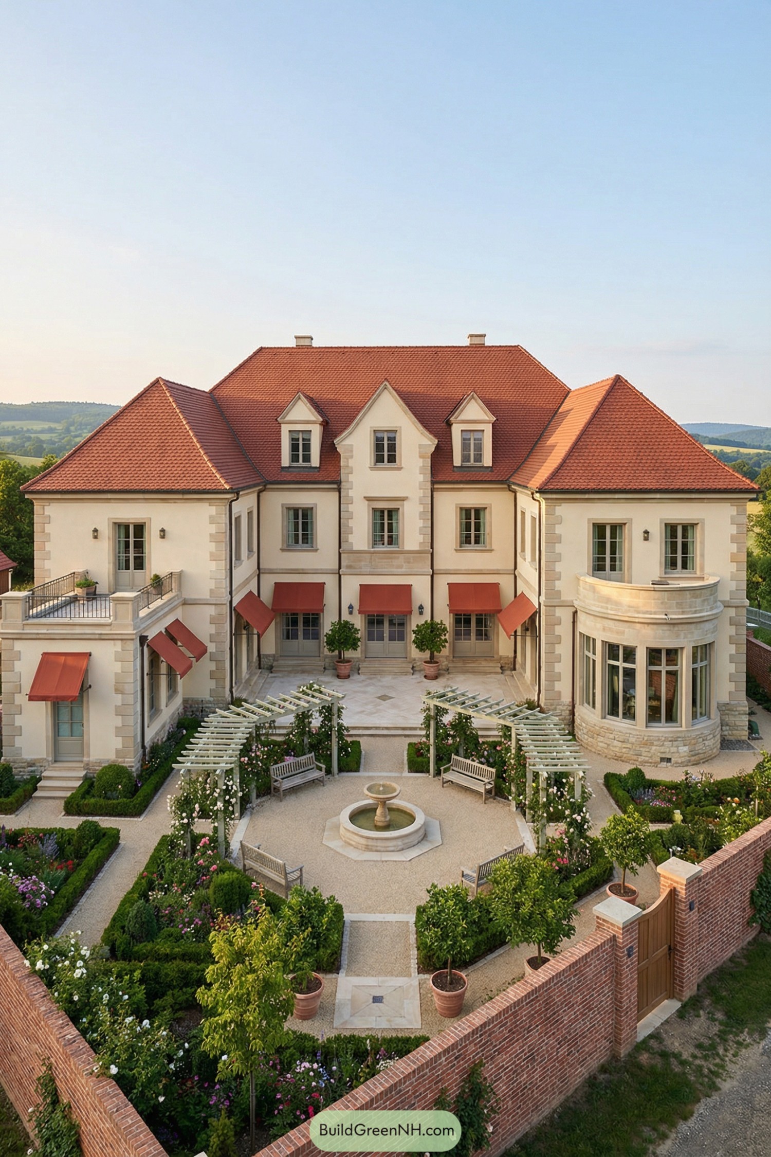 Elegant cream stone mansion with red tile roof and formal walled garden featuring a central fountain