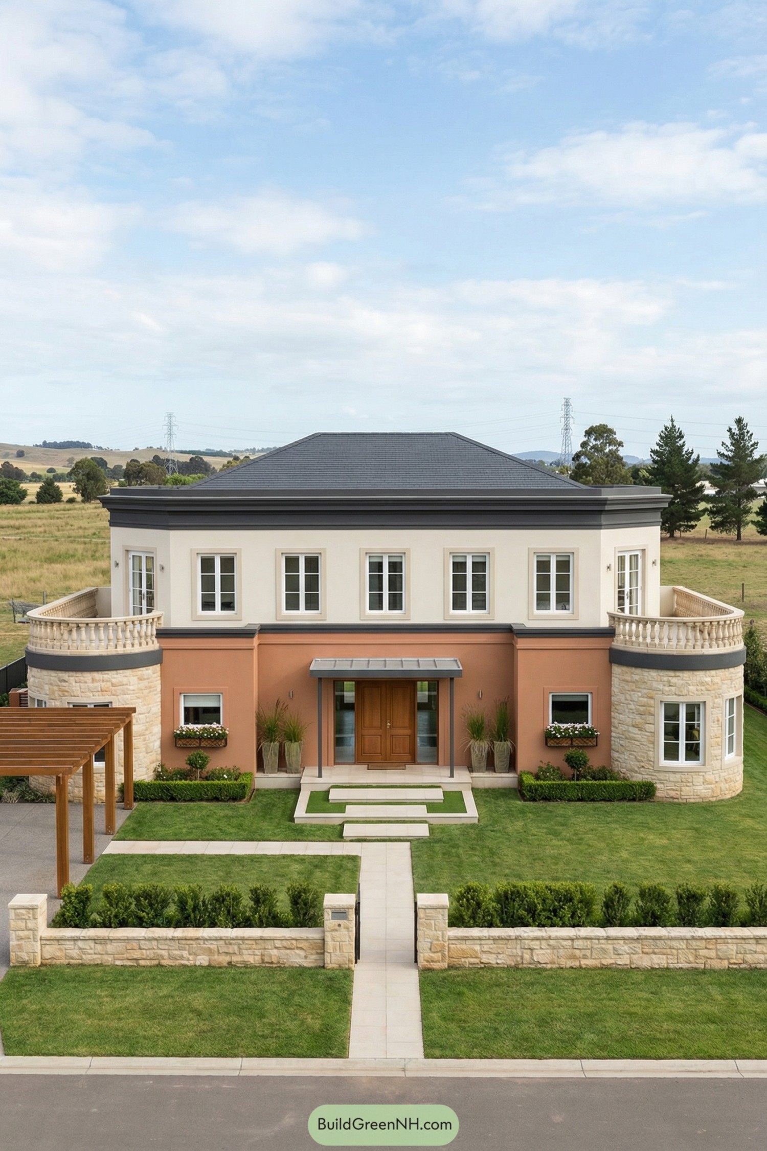 Elegant two story mansion with terracotta and stone facade framed by manicured lawn