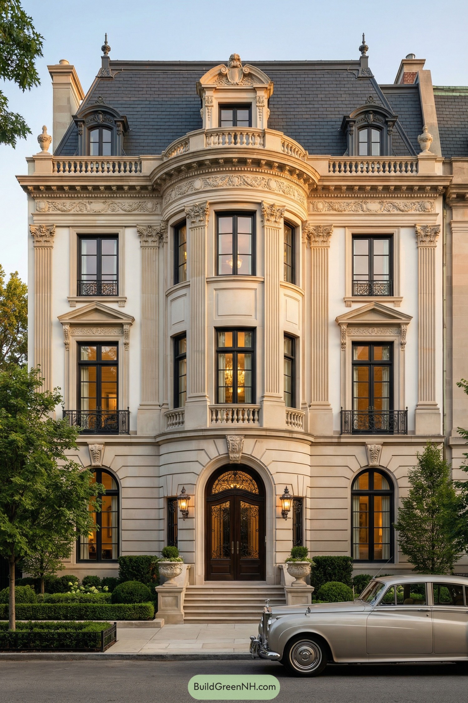 Elegant Beaux Arts townhouse facade with ornate detailing and grand arched entry