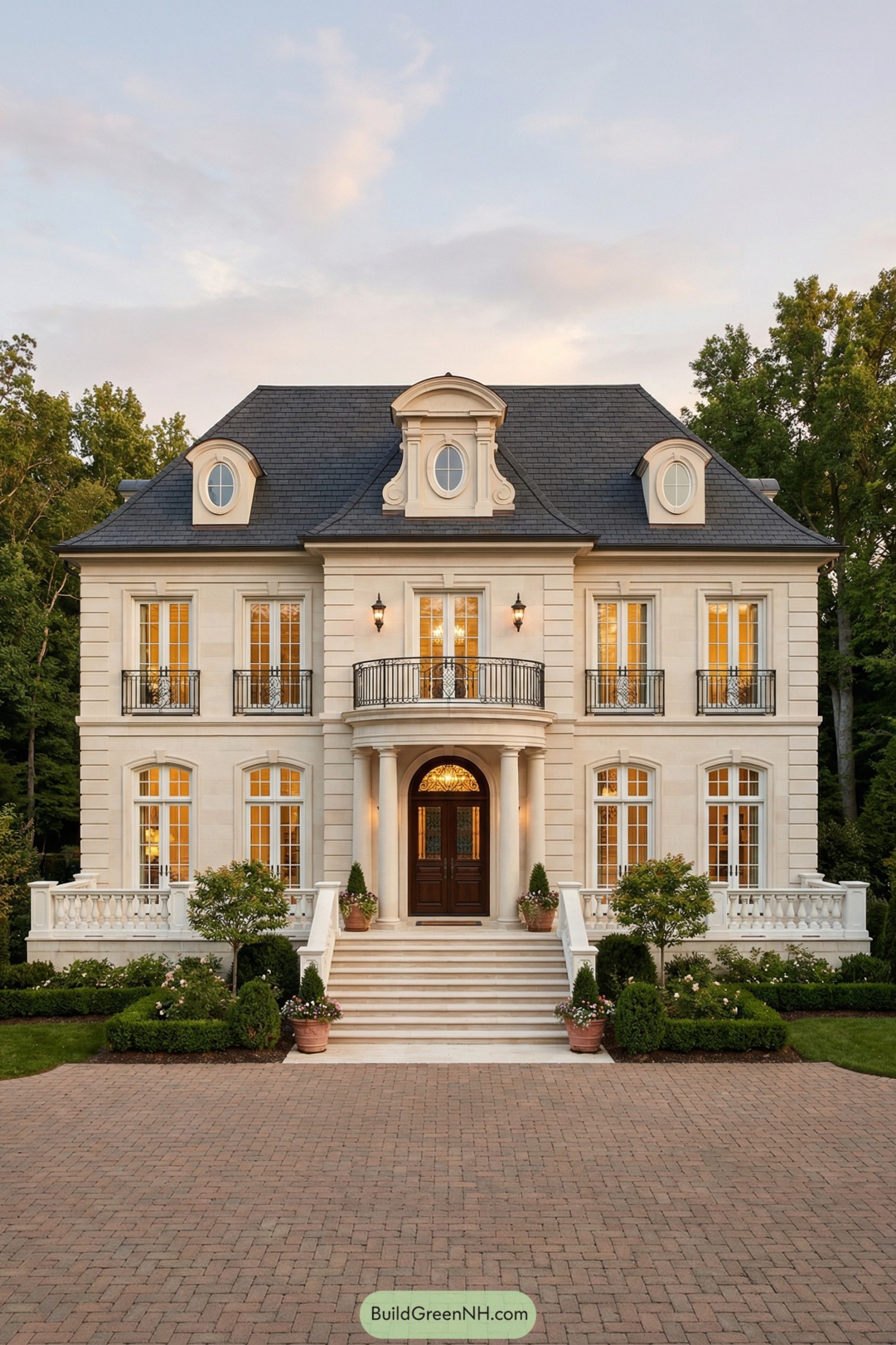 Elegant stone mansion with mansard roof and central columned entrance