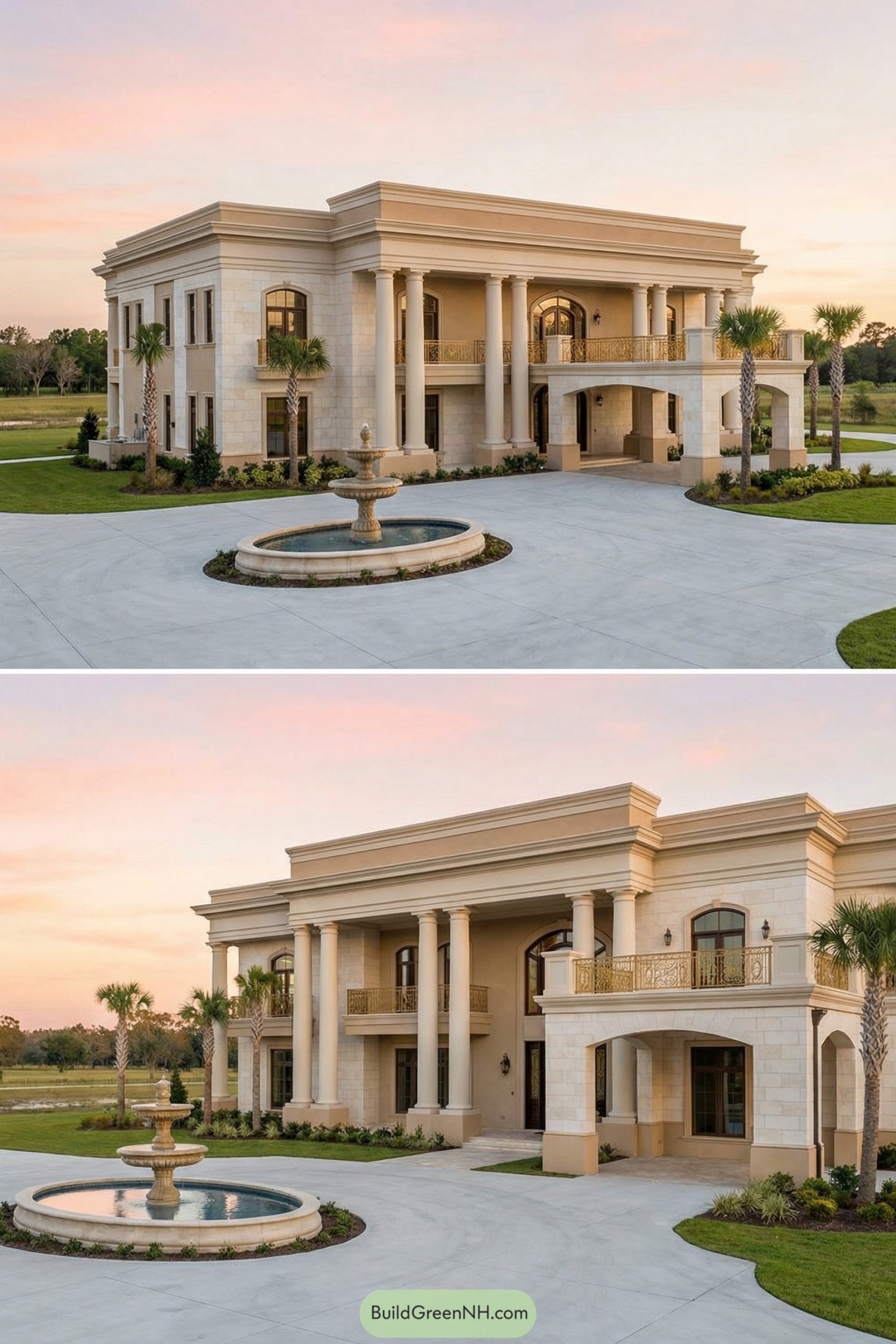 Elegant two story mansion with tall columns a central fountain and sweeping driveway at sunset. Light stone exterior with gold balcony railings and palm trees framing manicured lawns