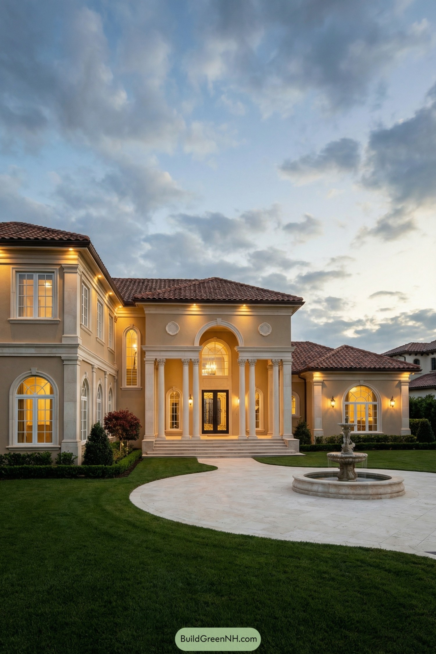 Elegant Mediterranean style mansion with tall columned entry, arched windows, and front fountain at dusk
