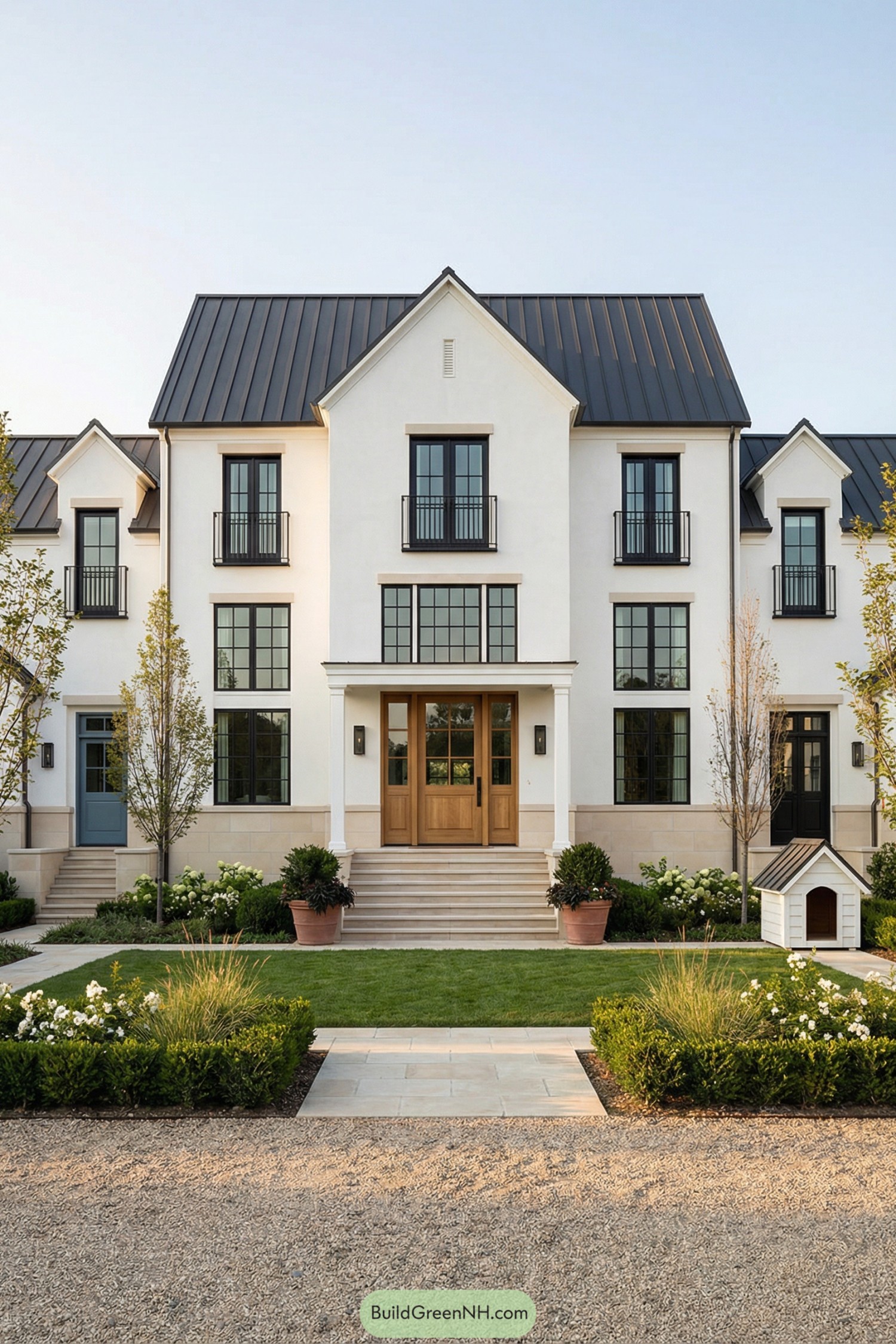 White three story manor with dark metal roof and formal front garden