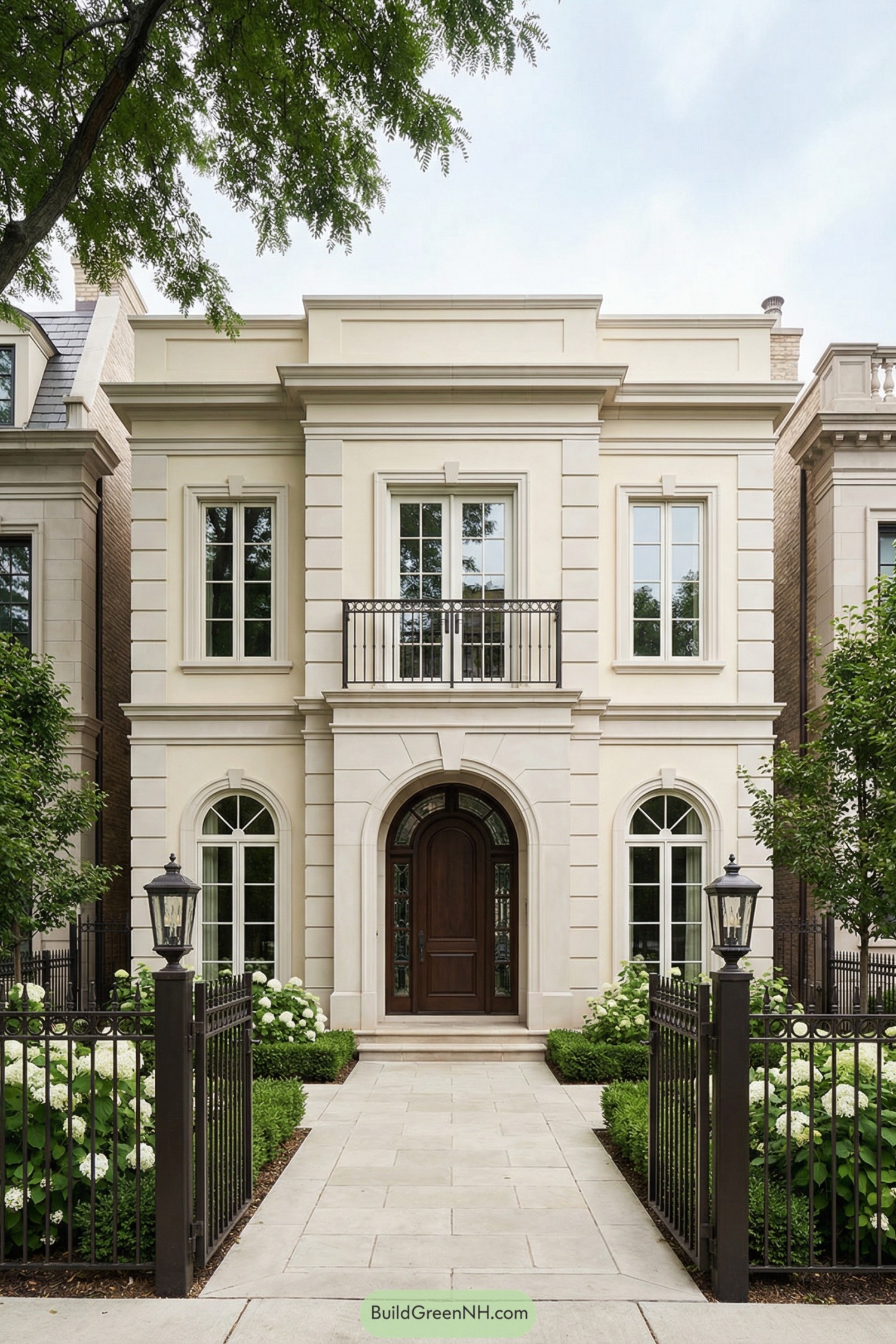Elegant cream stone townhouse with arched entry and manicured front garden
