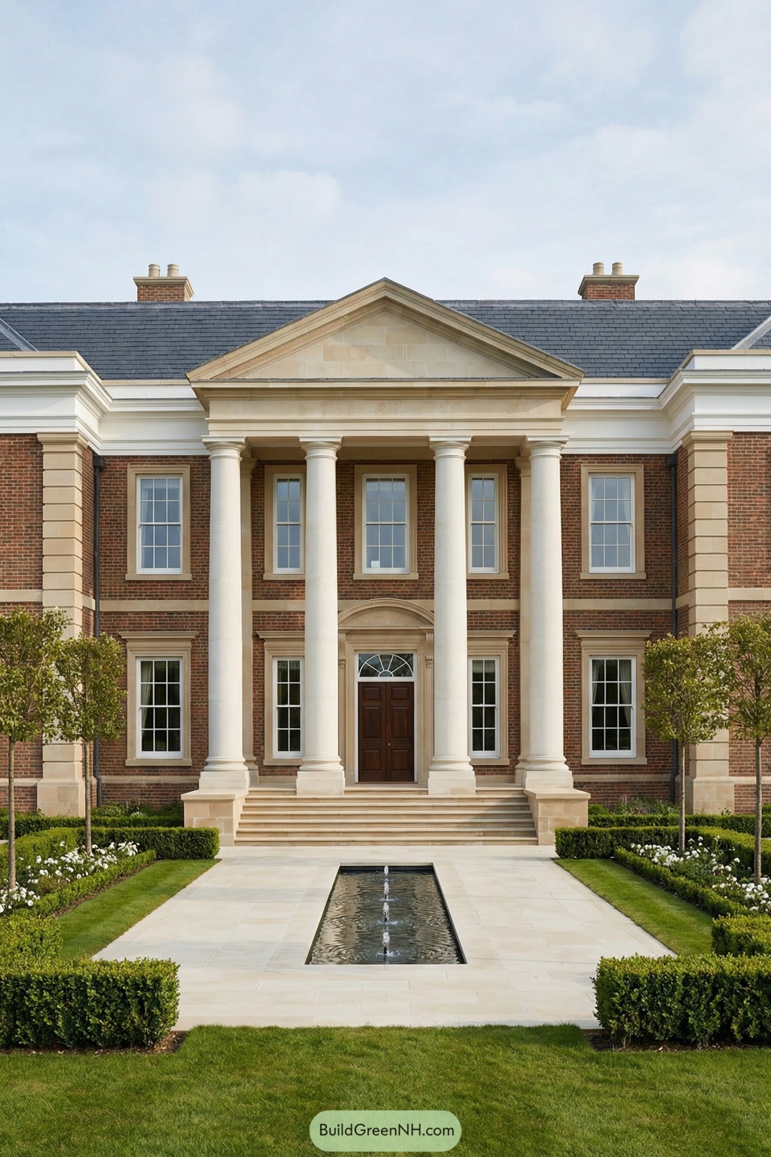 Grand brick mansion with tall white columns and a narrow front courtyard fountain