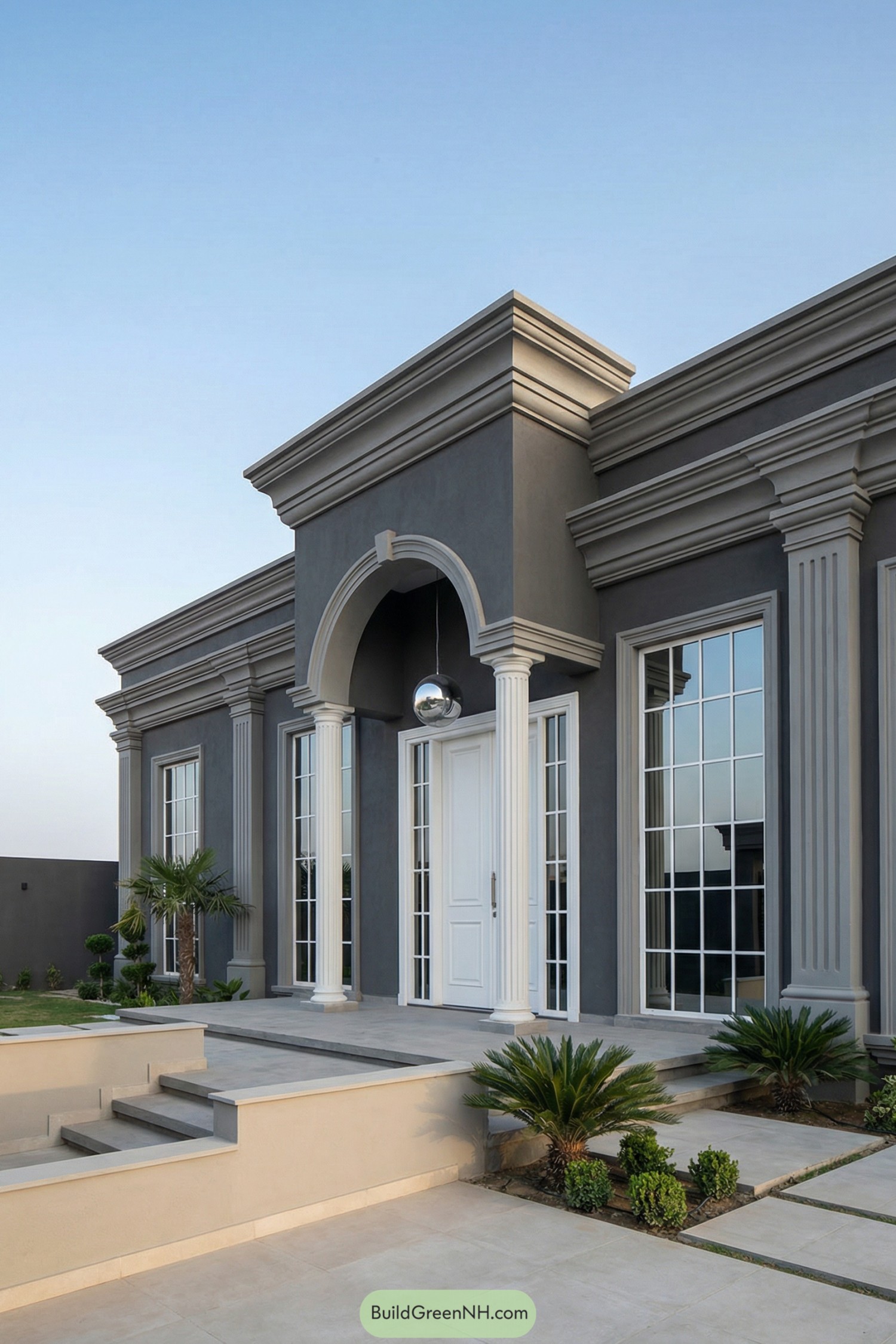Elegant single story house with tall white columns and large grid windows on a gray facade