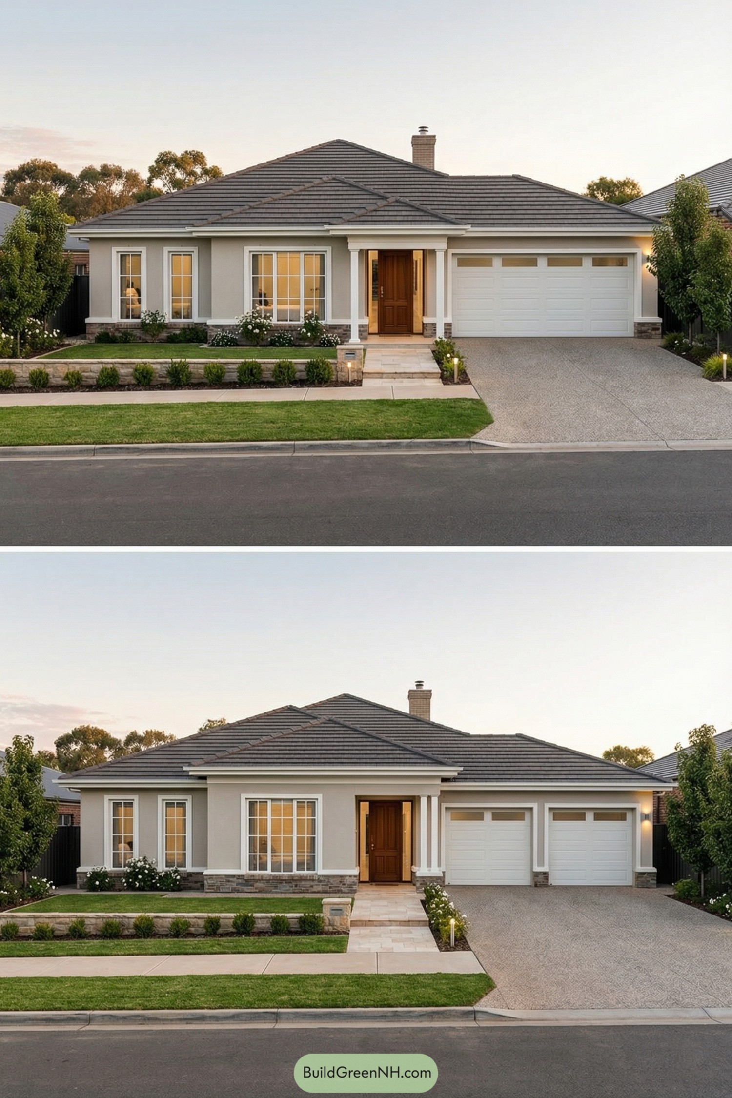 Single story house with gray tiled roof, double garage, and neat front garden