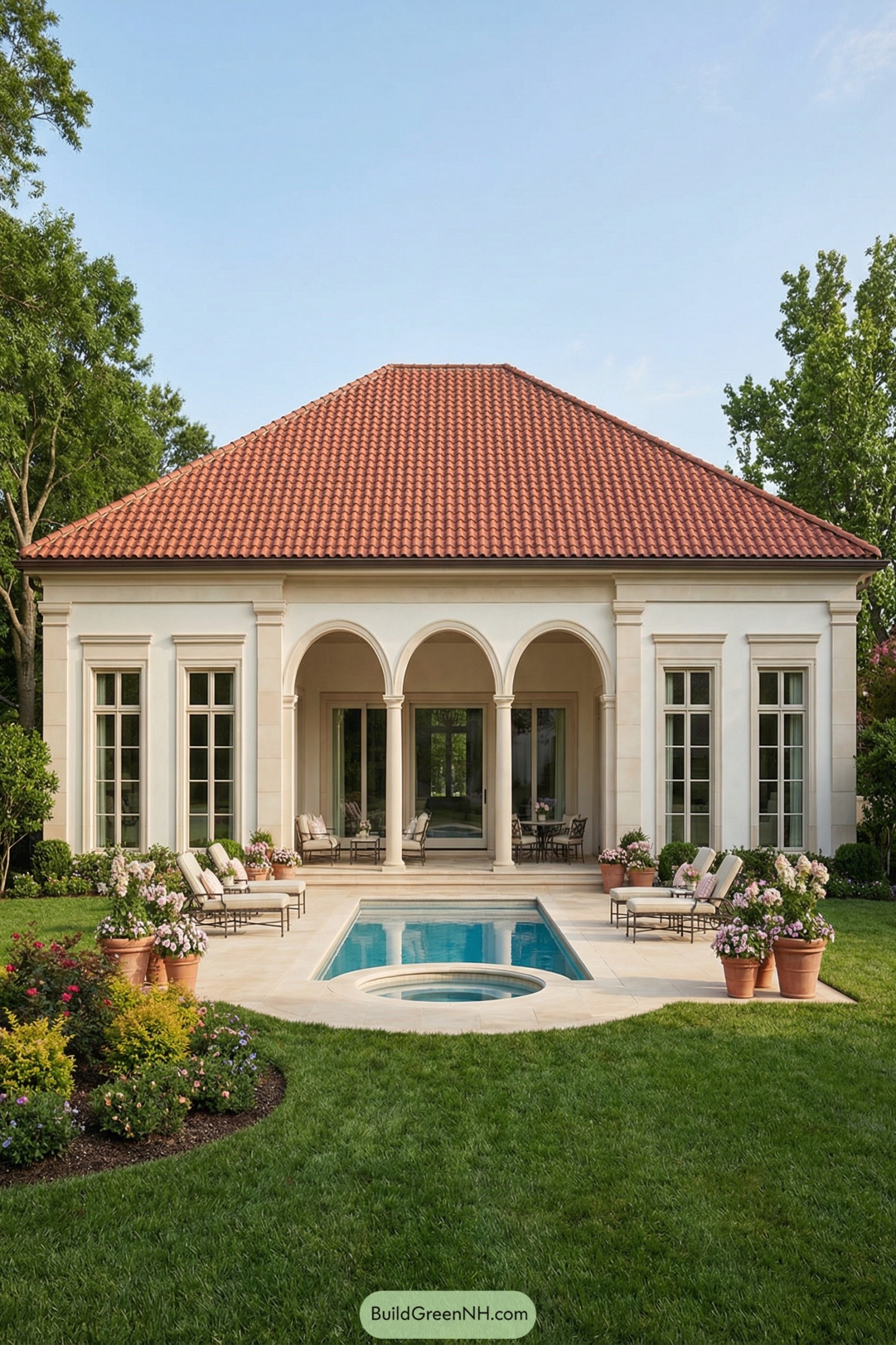 Elegant single story villa with arched loggia and central pool