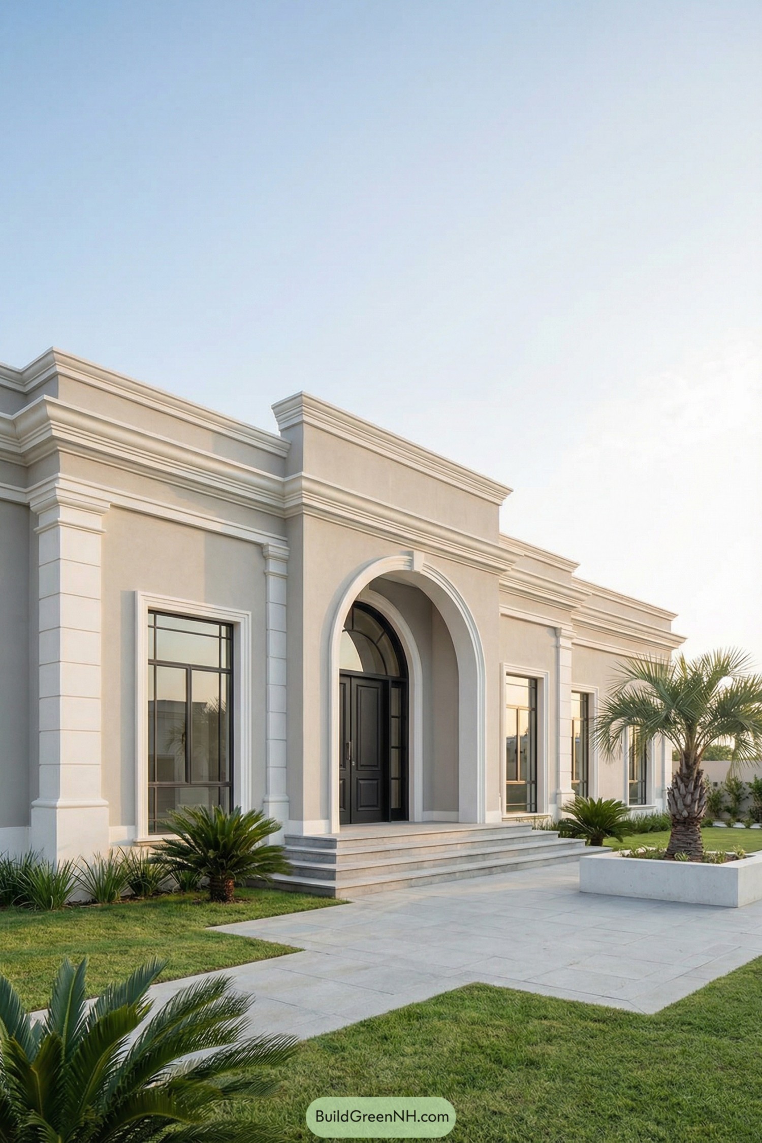 Elegant single story villa with grand arched entry and manicured palm landscaping