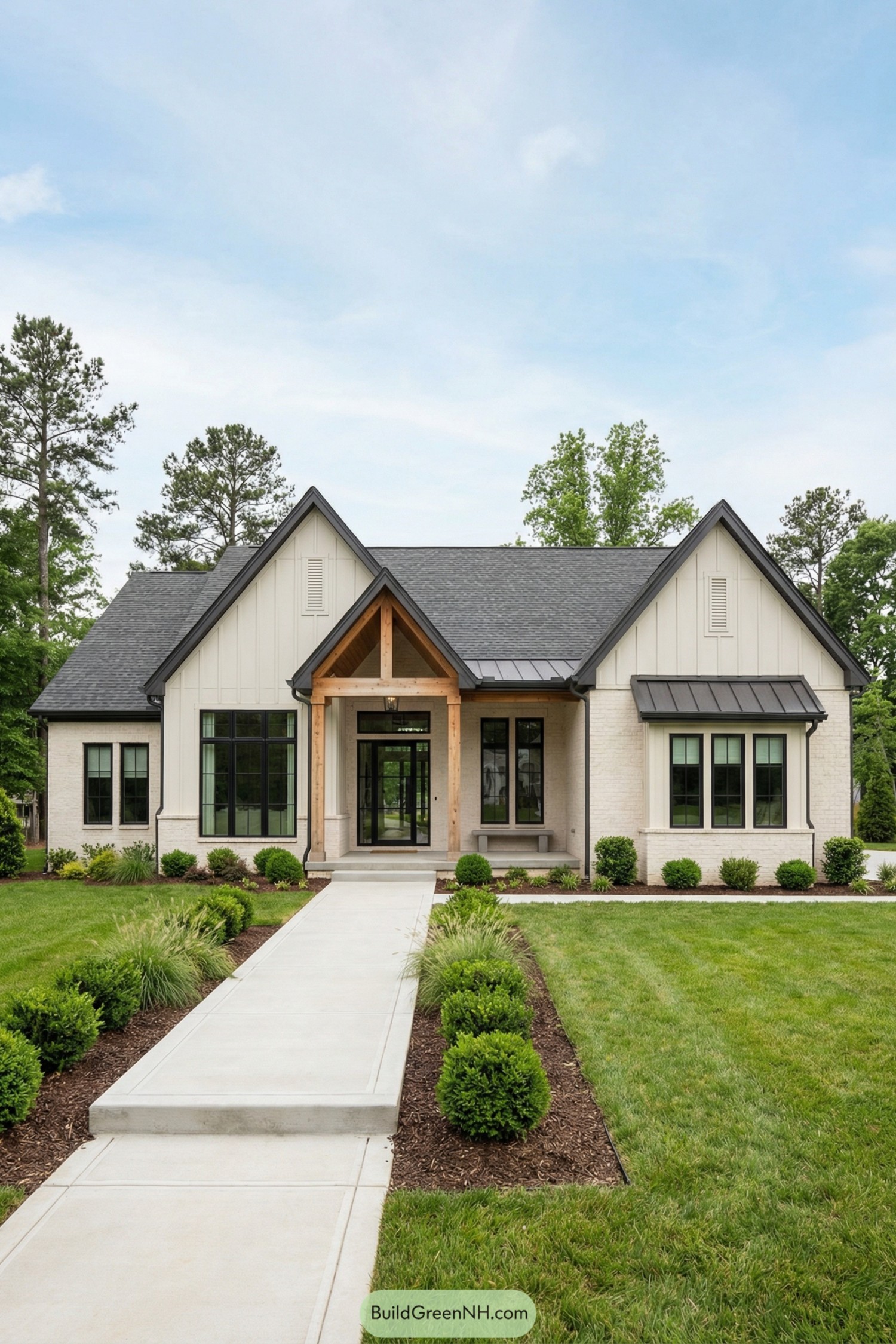 Single story cream house with black windows and a wood accented gabled entry