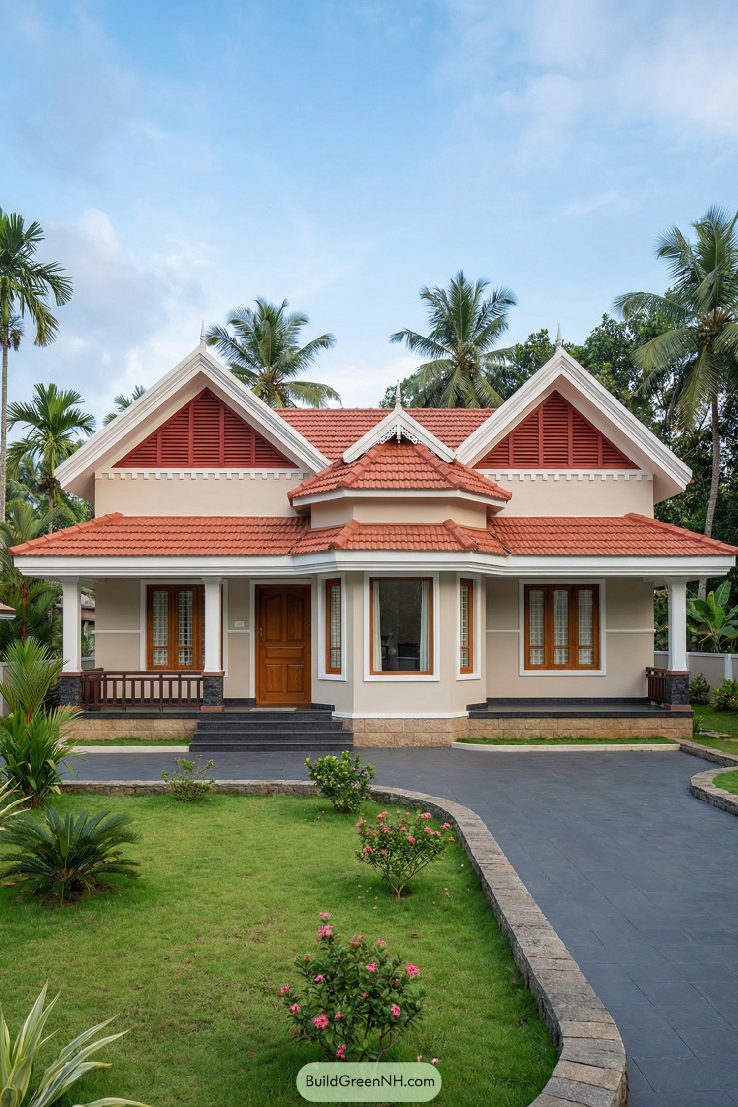Single story cream house with red tiled gable roofs and neat front lawn