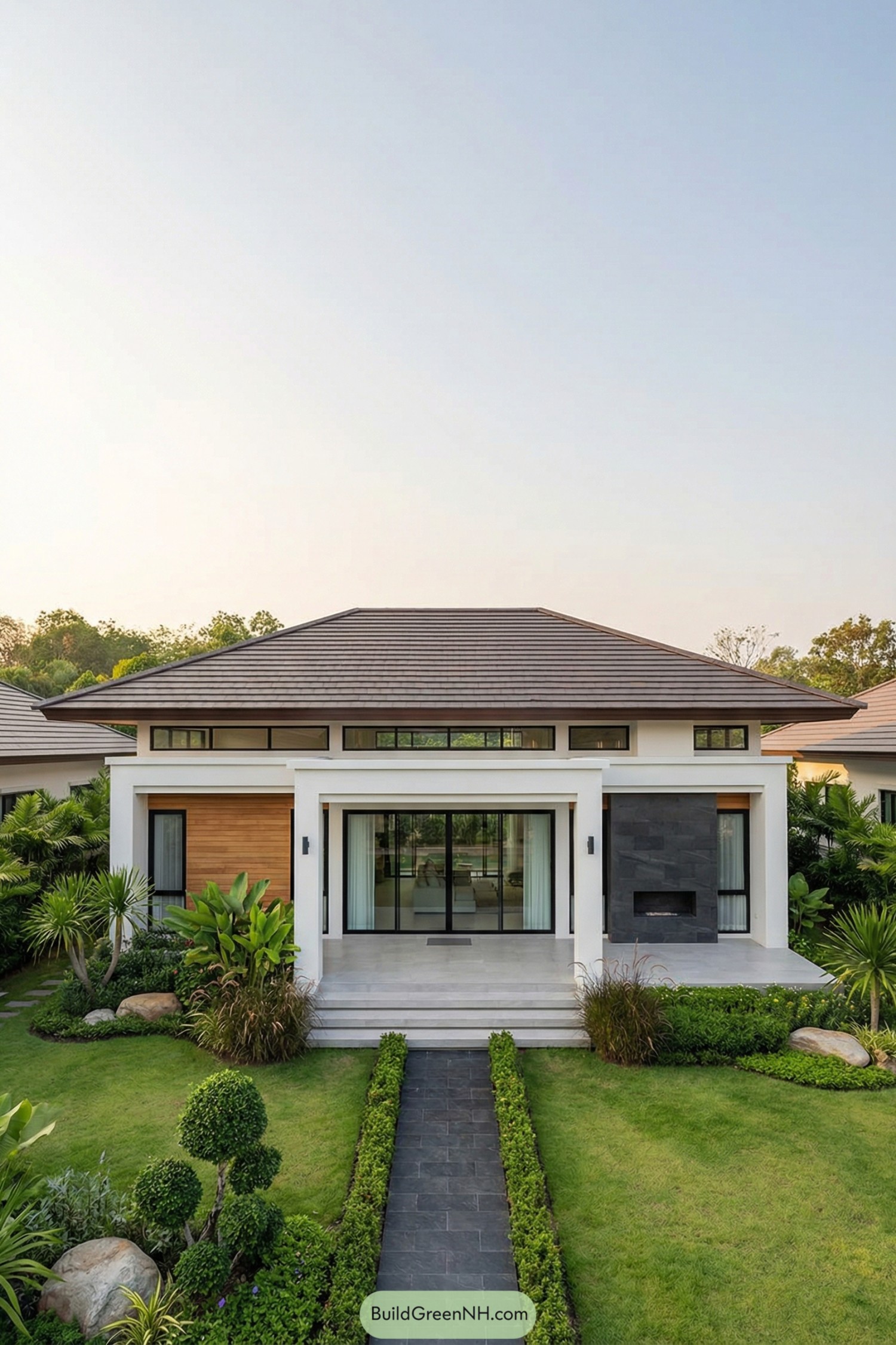 Modern single story house with lush garden