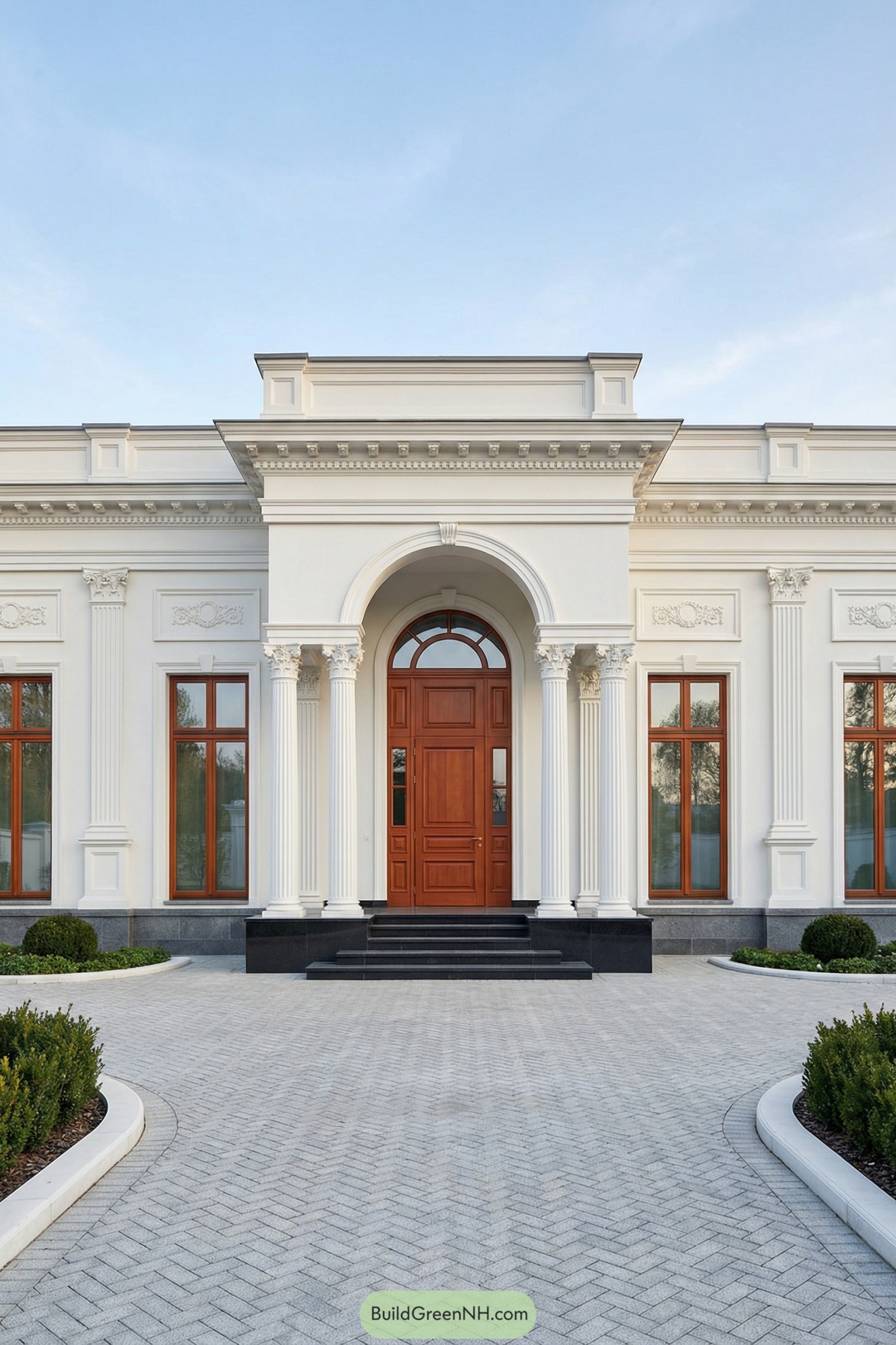 Grand single story house with white neoclassical façade and tall columns framing a wooden entrance door