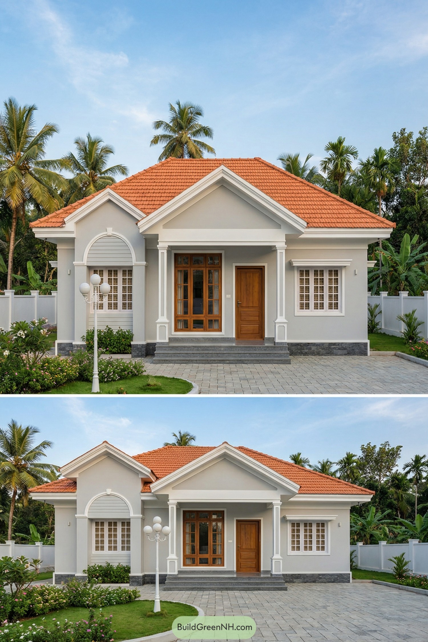 Single story gray house with orange tiled roof, front columns, and tropical garden driveway