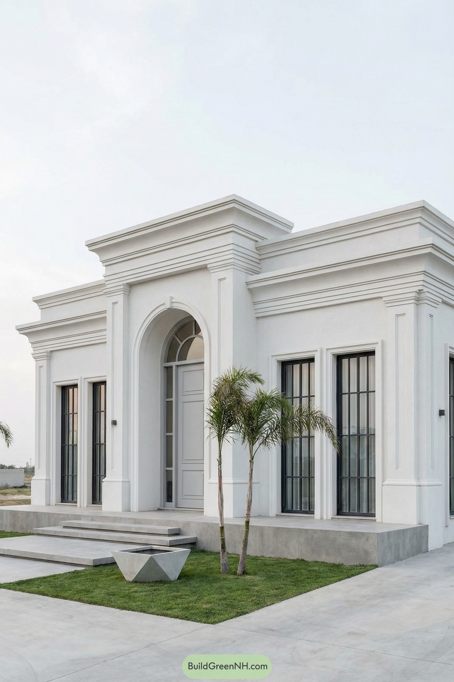 Single story white house with tall central arched entry flanked by narrow black framed windows and simple landscaping