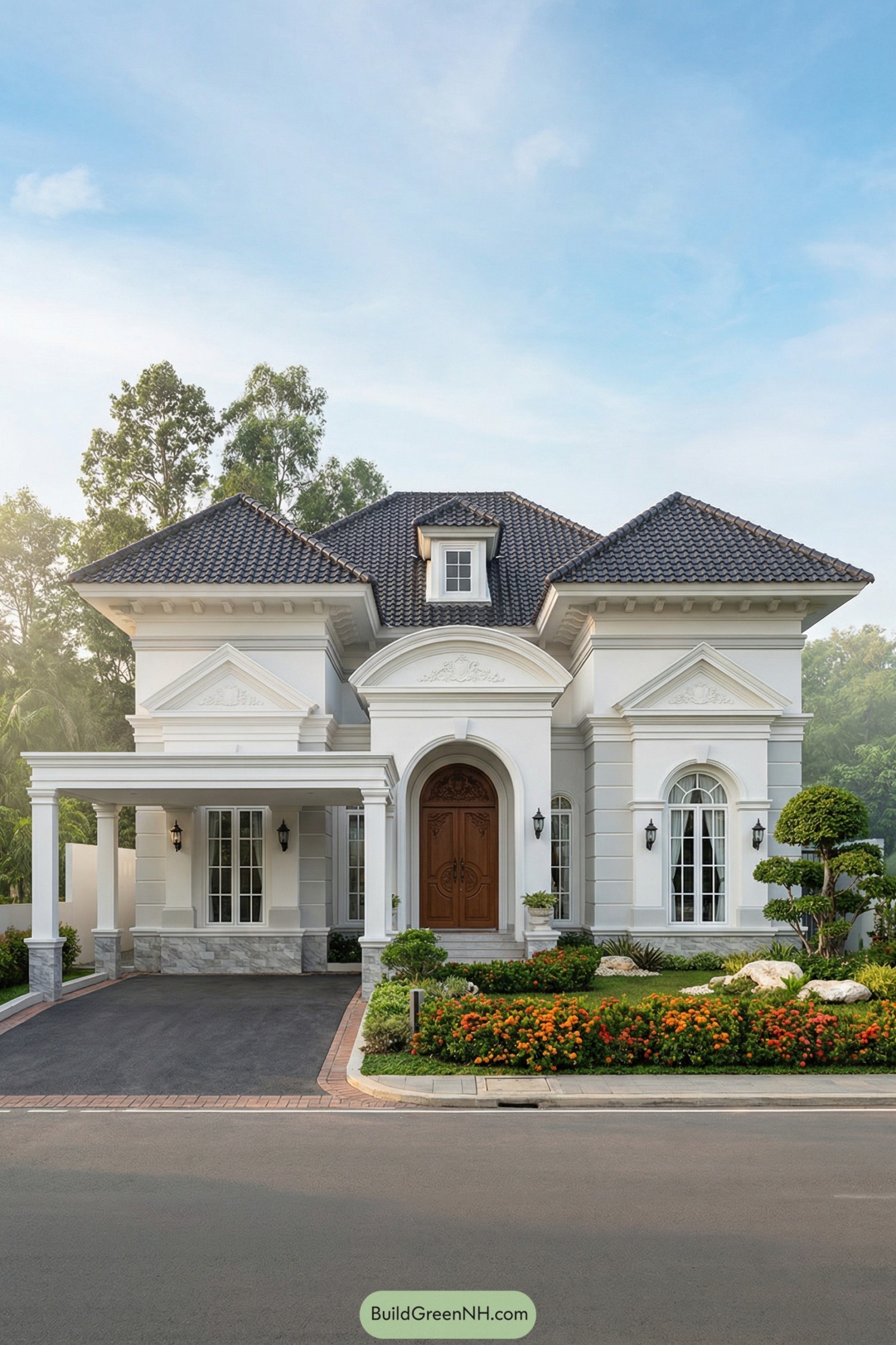 Elegant white single story house with dark tiled roof and manicured front garden