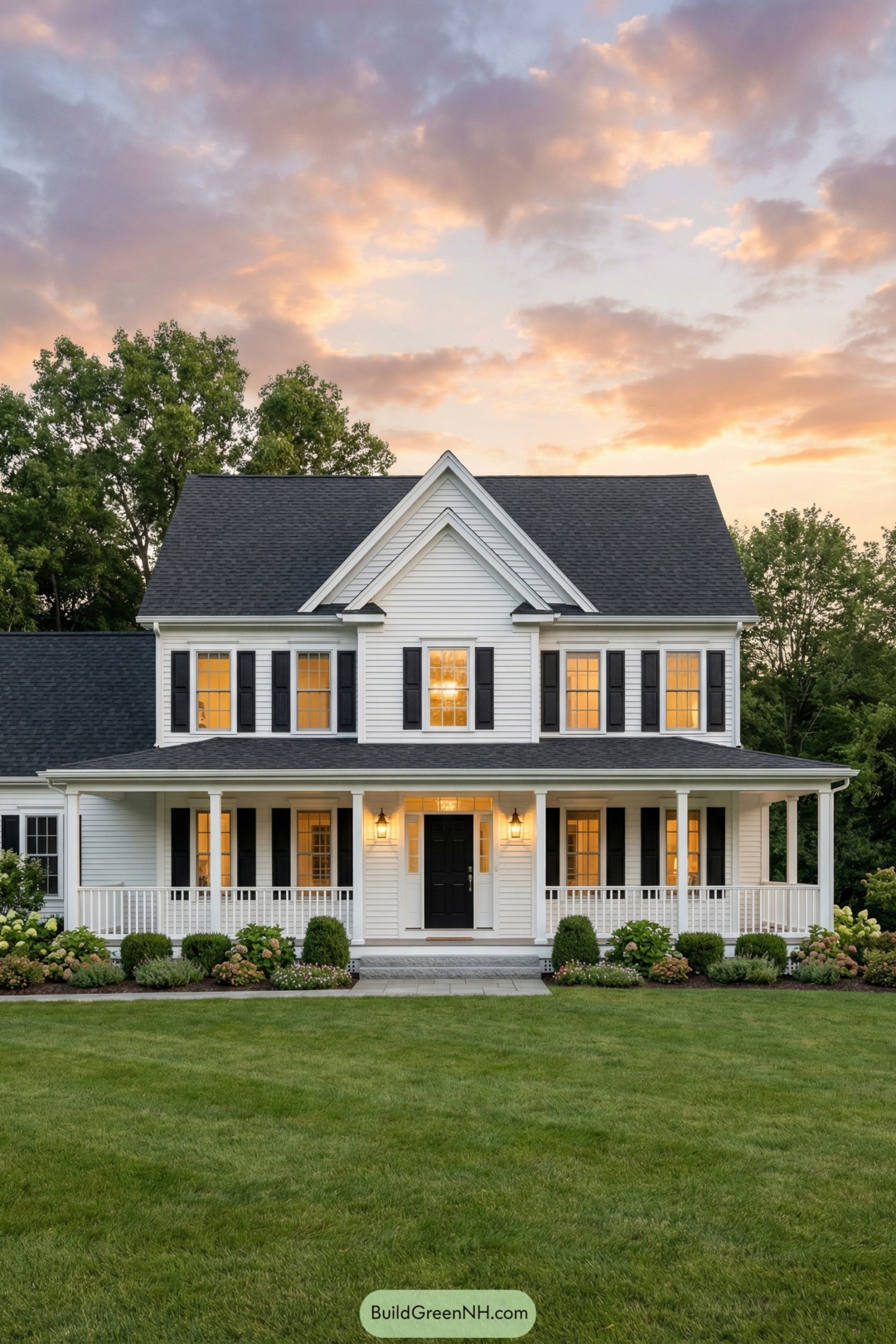 Two-story white colonial home with wraparound porch at sunset