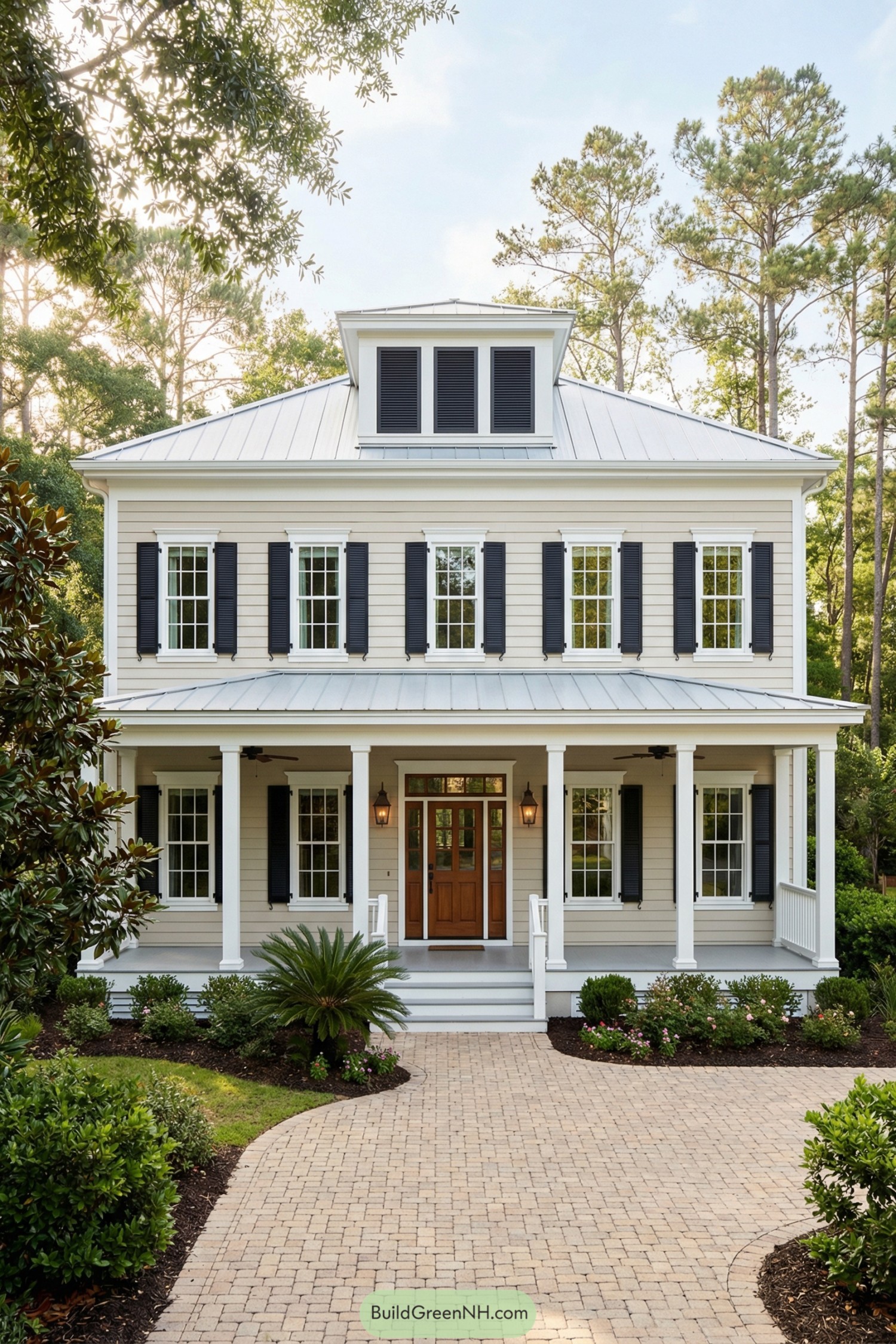 Two story cream colonial home with full front porch black shutters and metal roof, framed by neat landscaping and brick walkway