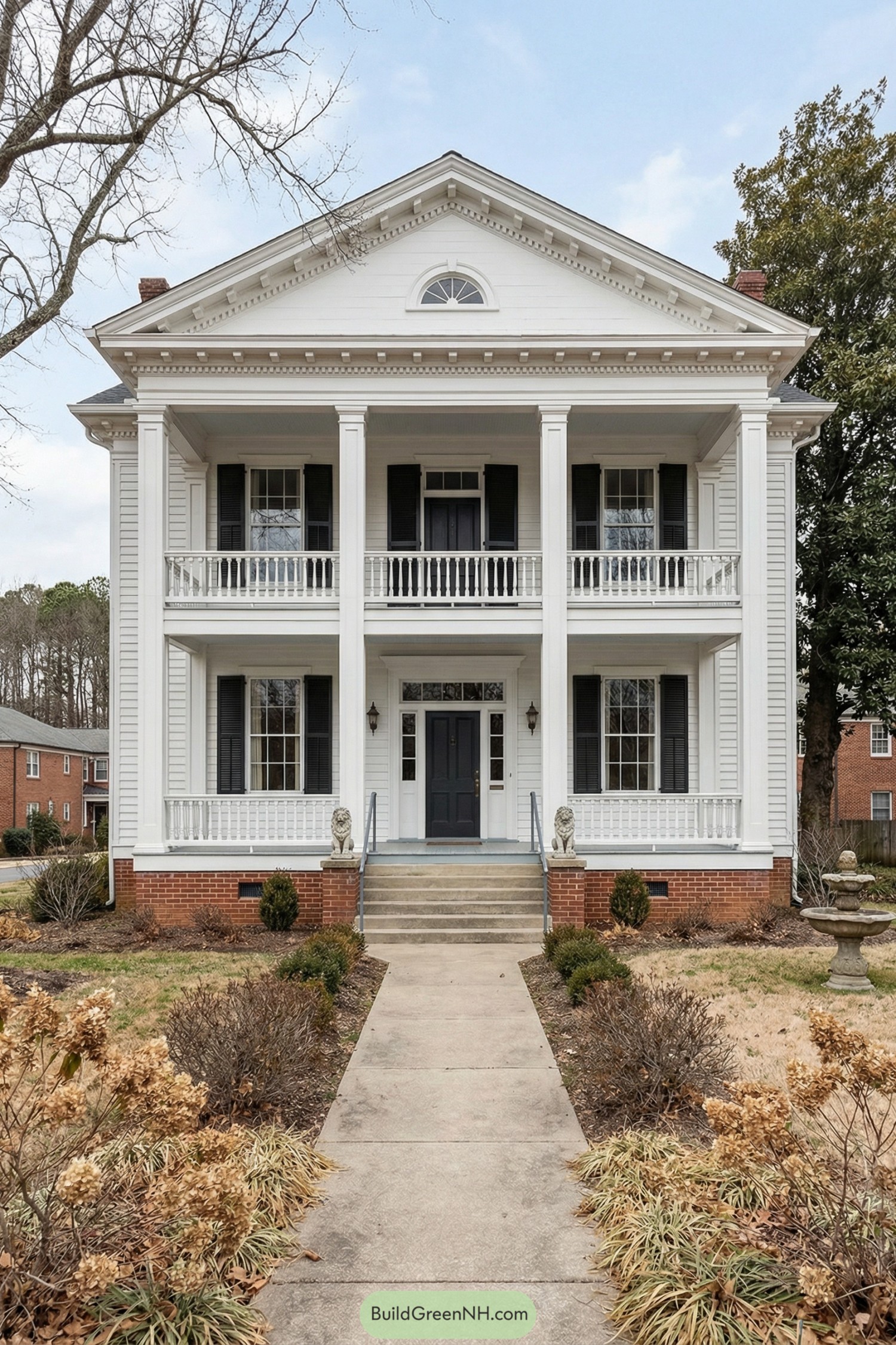 White two story colonial house with double front porches and black shutters