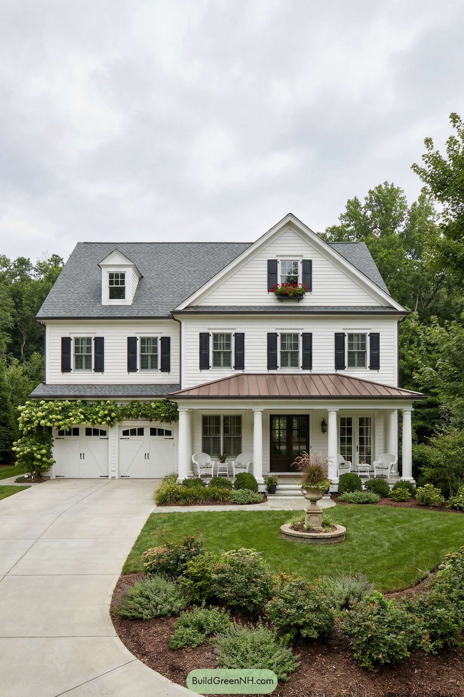 White colonial home with front porch and attached garage surrounded by lush landscaping