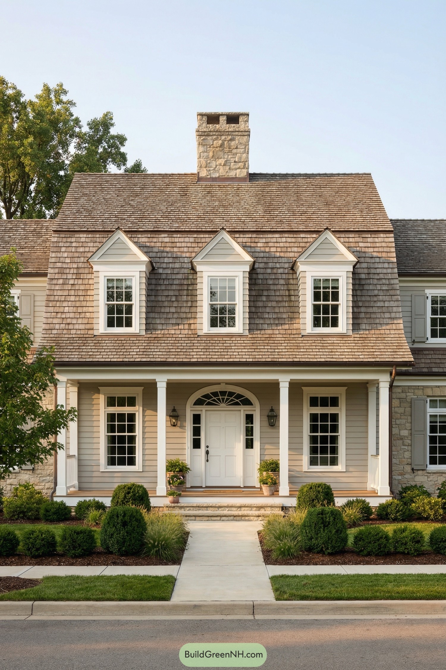Tan shingled colonial house with front porch and central stone chimney