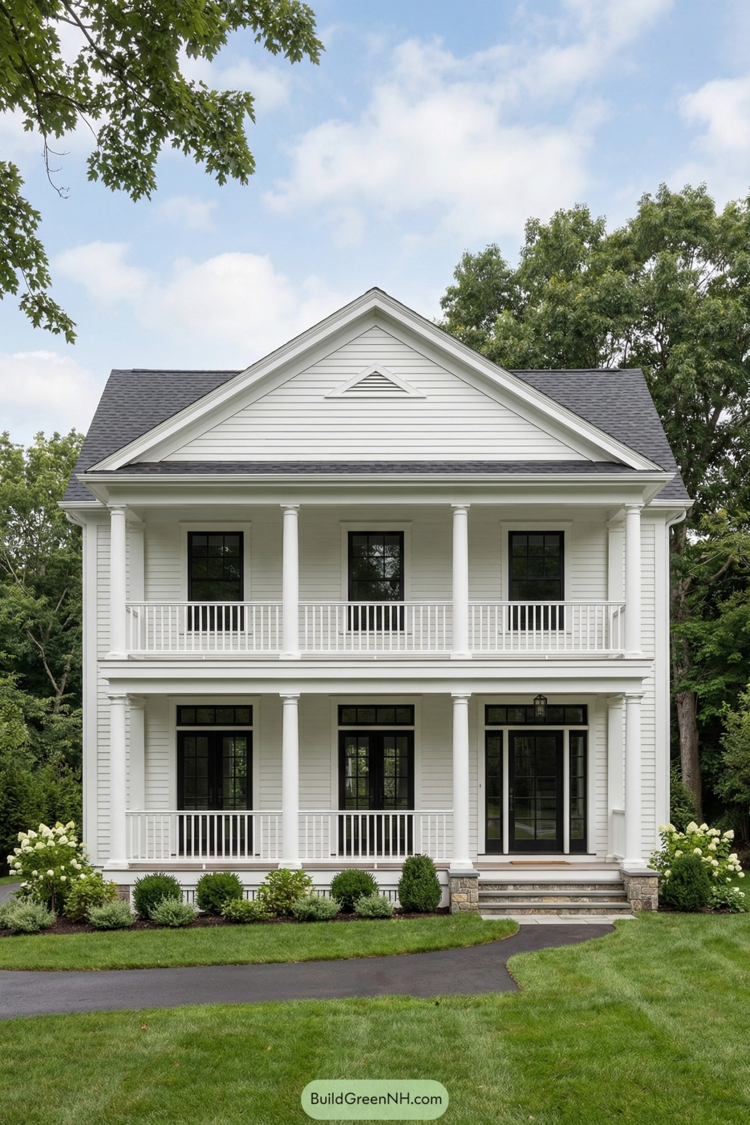 White two story colonial home with double front porches and black framed windows