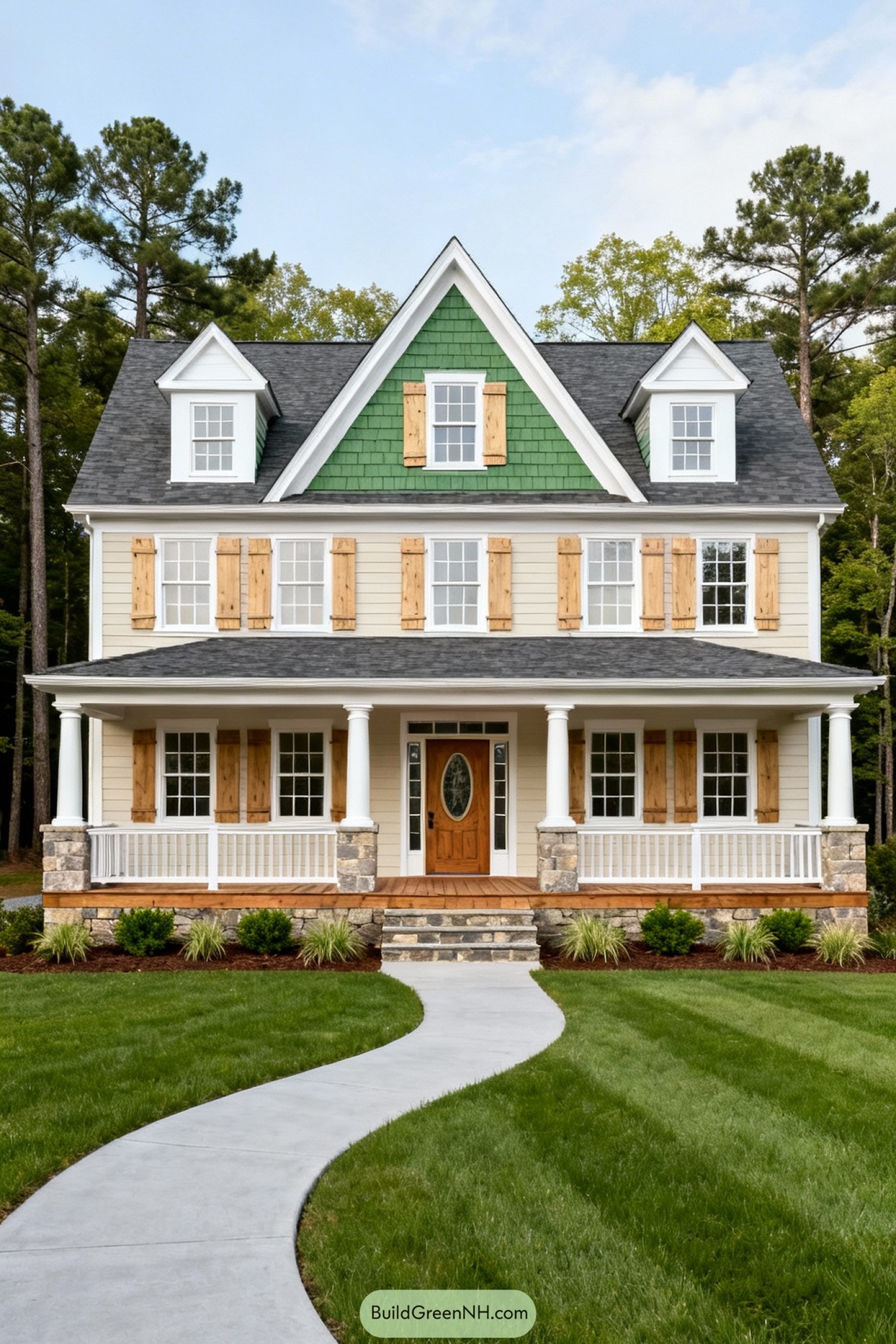 Green gabled colonial home with wide front porch and wood shutters