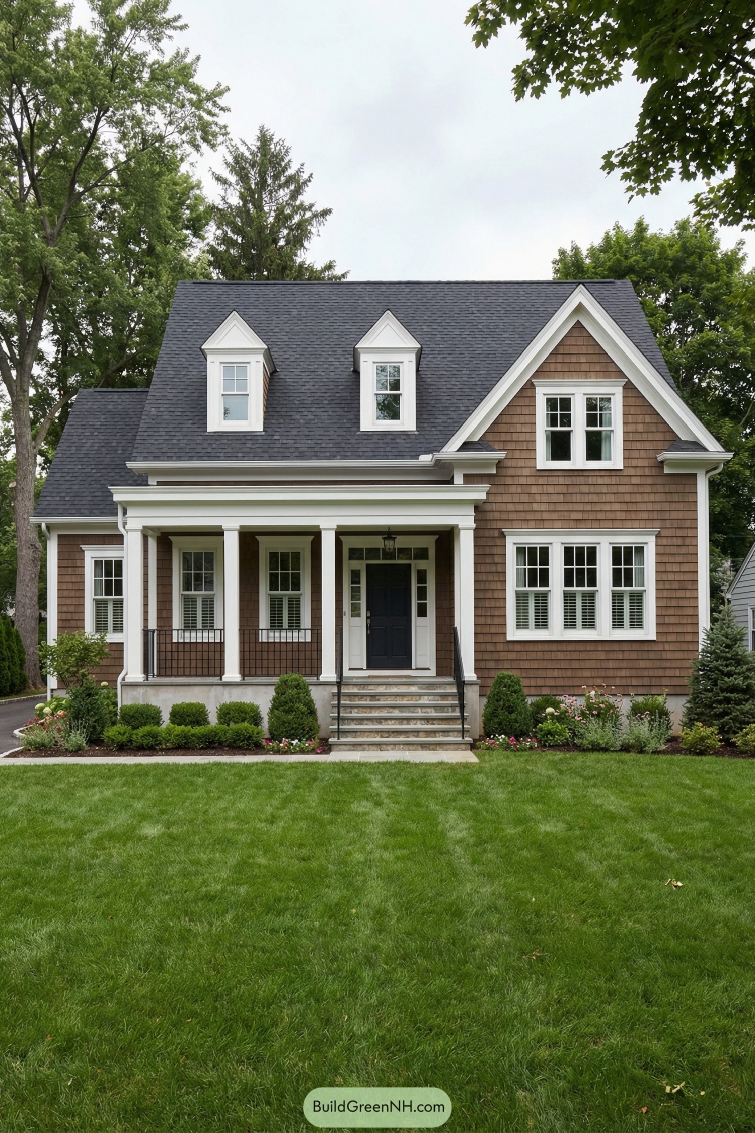 Brown shingle colonial house with front porch and dormers
