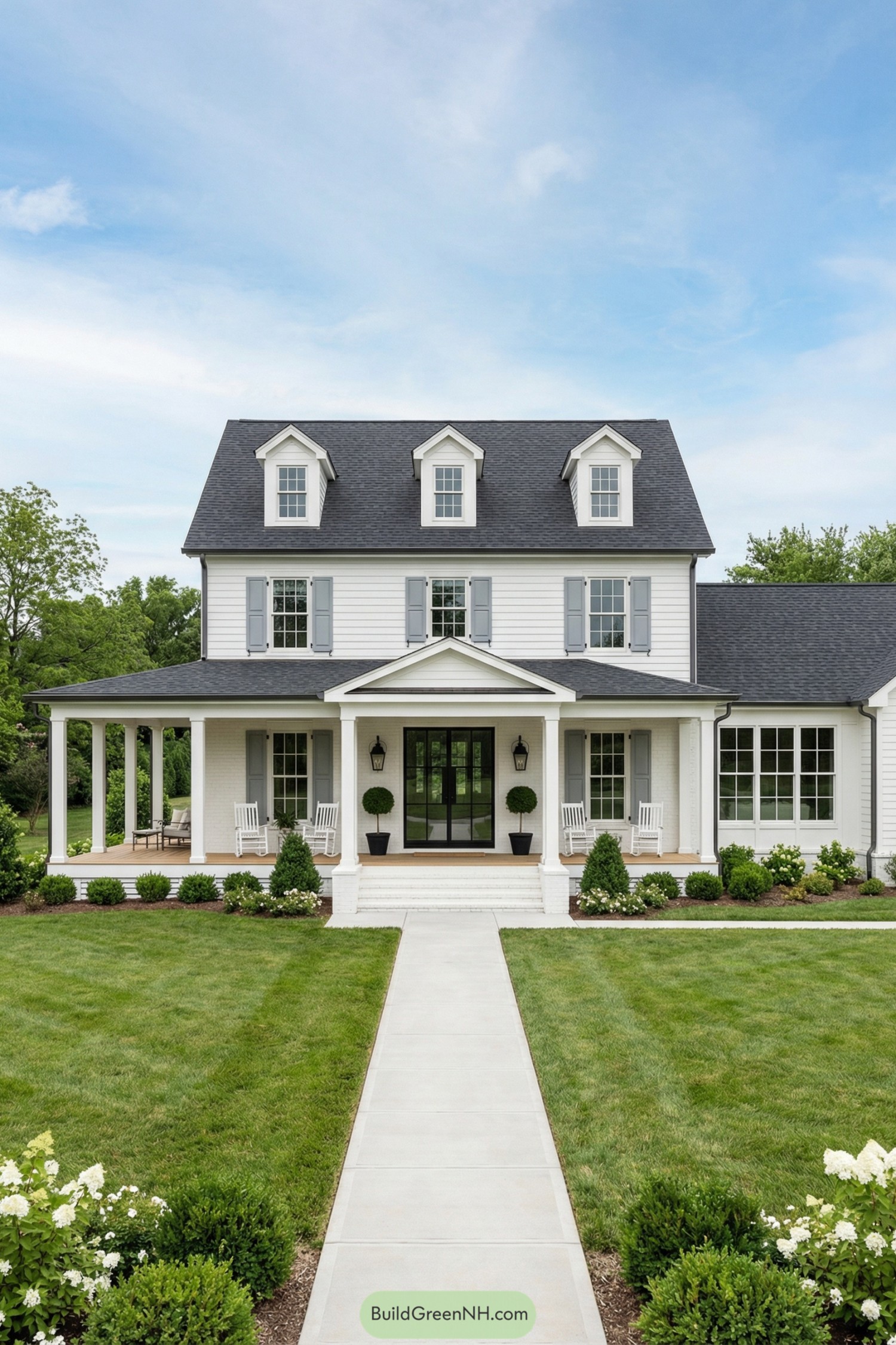 White colonial home with broad front porch, rocking chairs, and dormer windows framed by neat green lawns