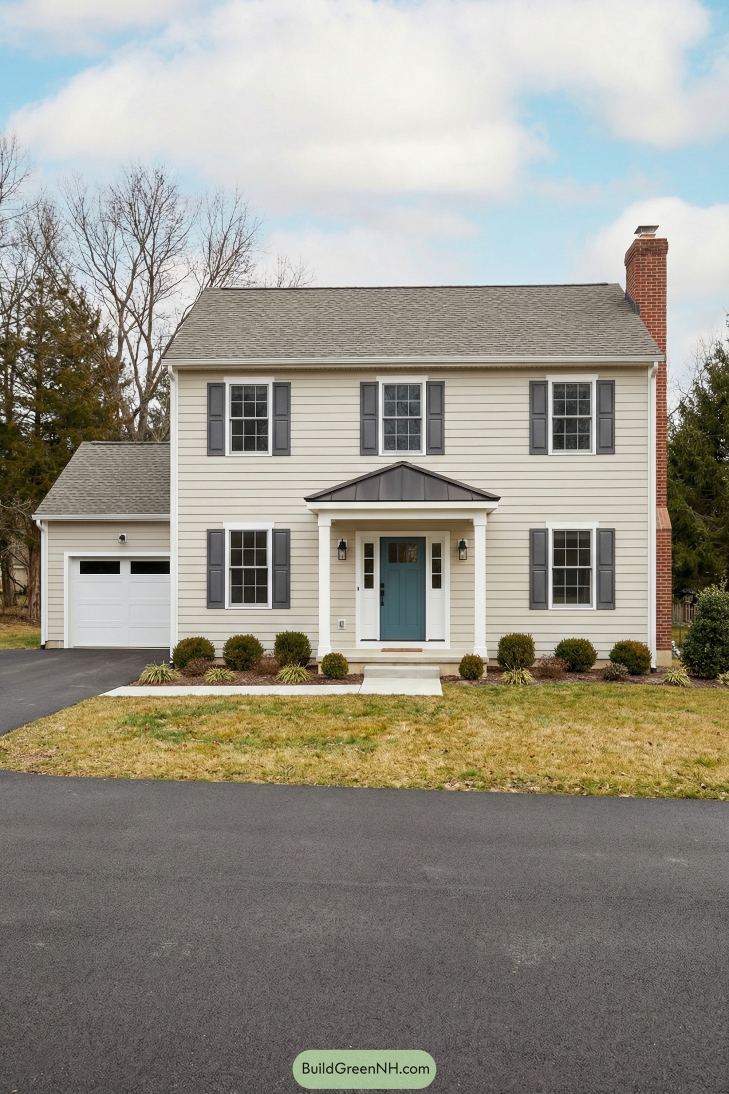 Two story cream colonial with teal front door and small covered porch