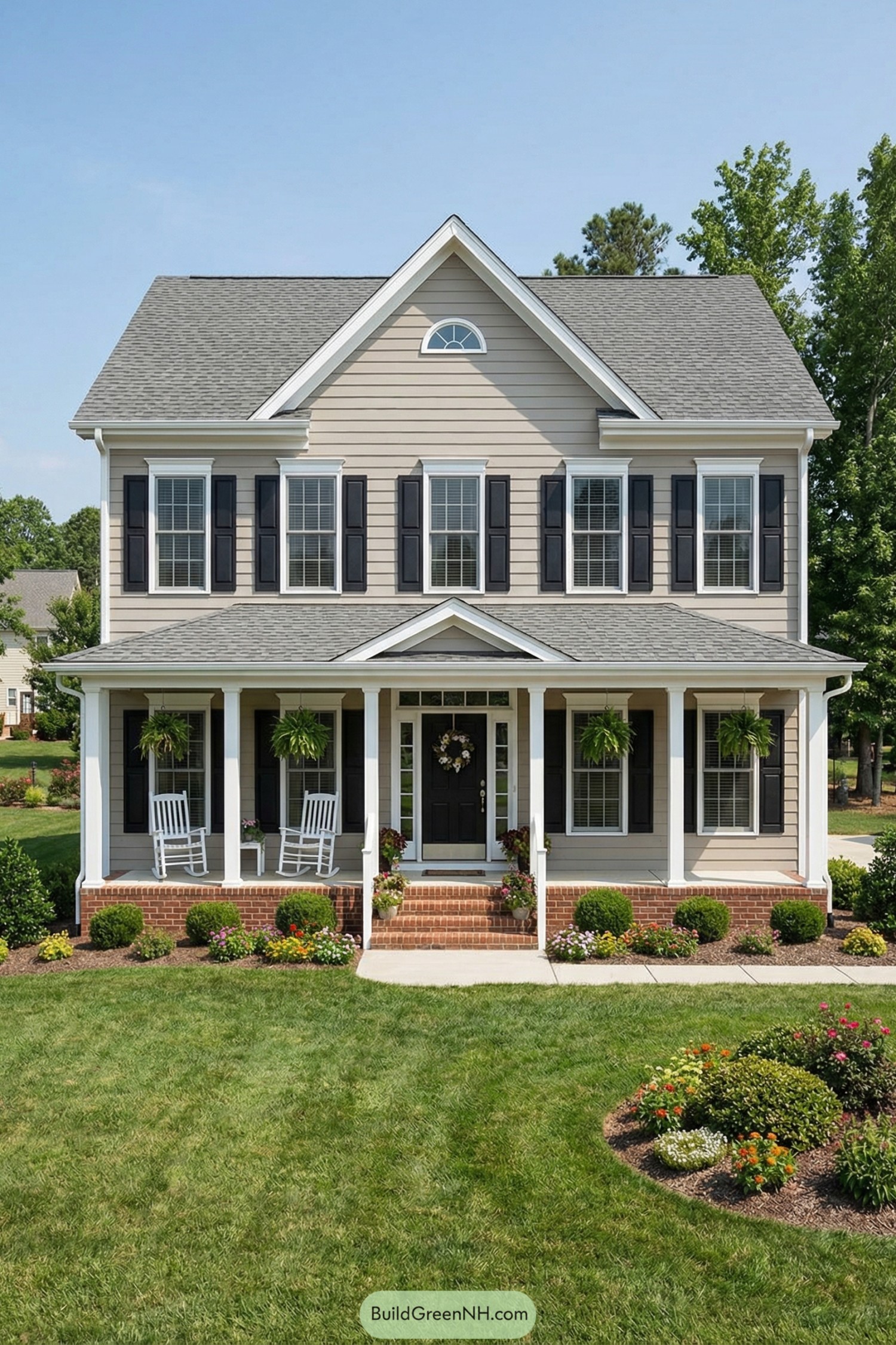 Beige two story colonial home with black shutters and a full front porch with white rockers and hanging ferns