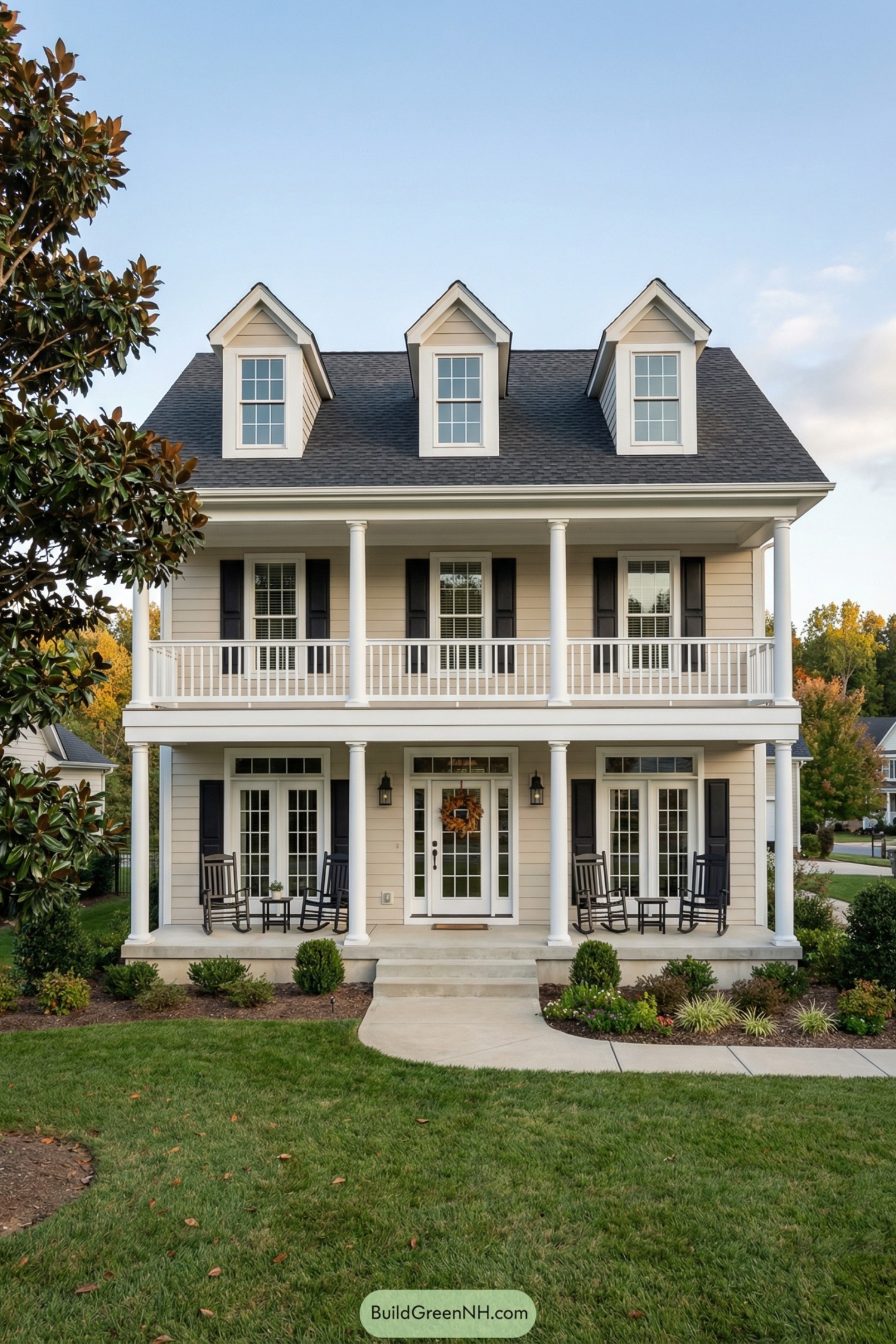 Creamy two story colonial home with double porches and three dormers