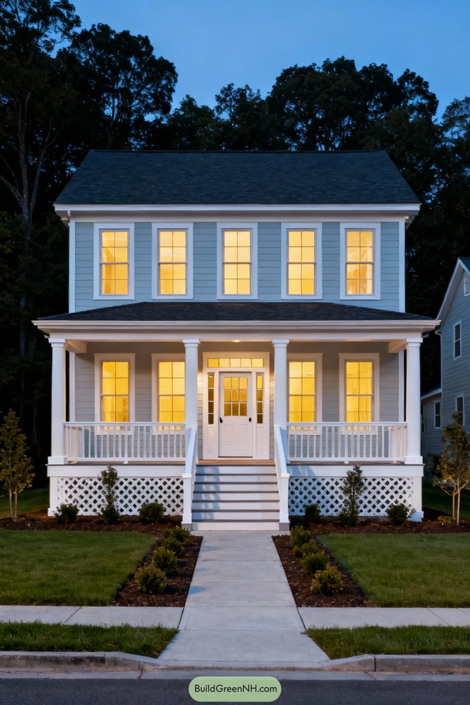 Two story blue colonial home with full front porch and lit windows at dusk