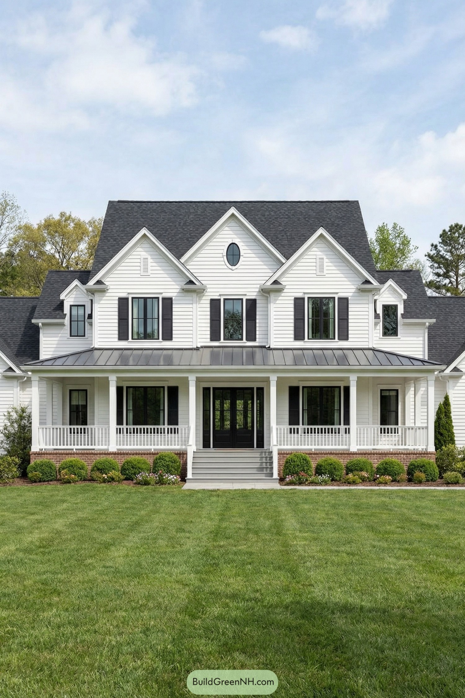 White two story colonial home with wide front porch and black shutters