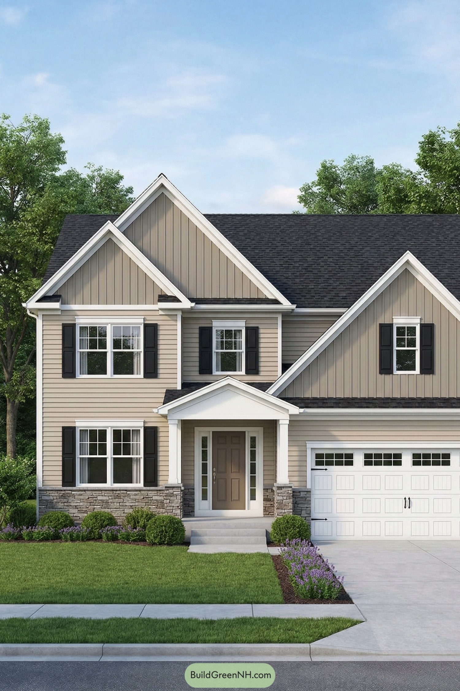 Two-story tan colonial home with gabled roof and small covered front porch