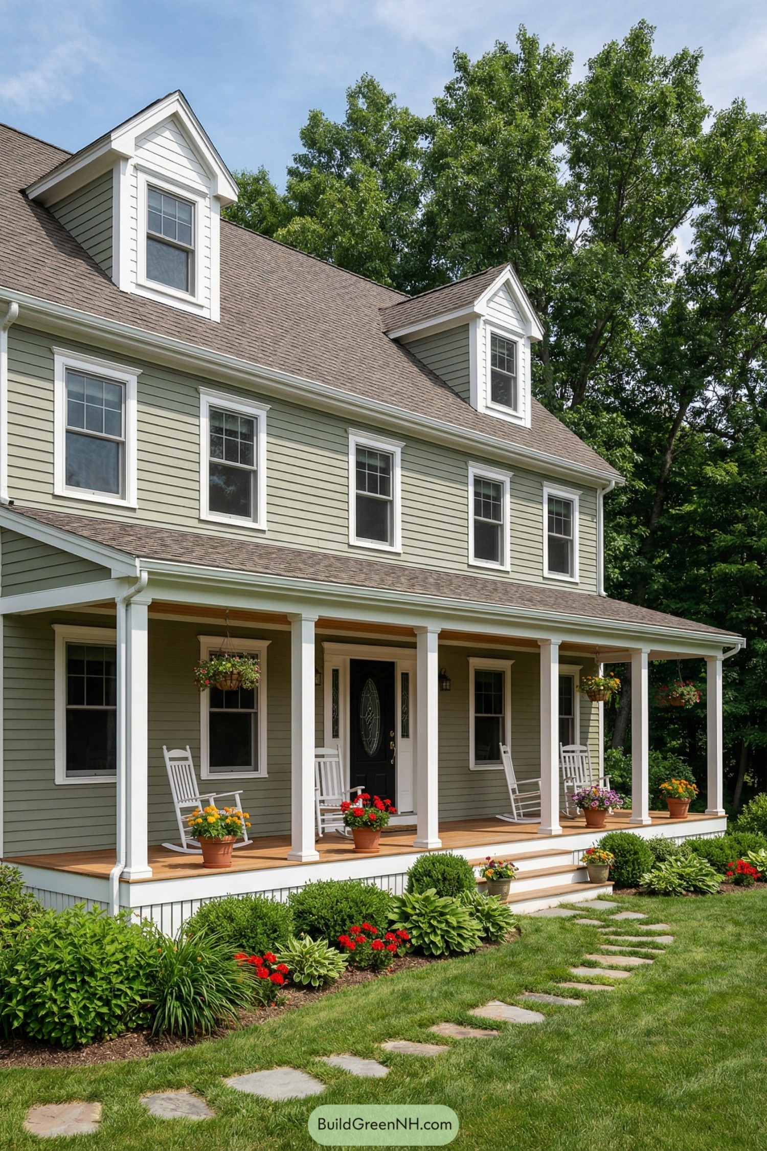 Green colonial home with full front porch, white columns, and lush flower beds