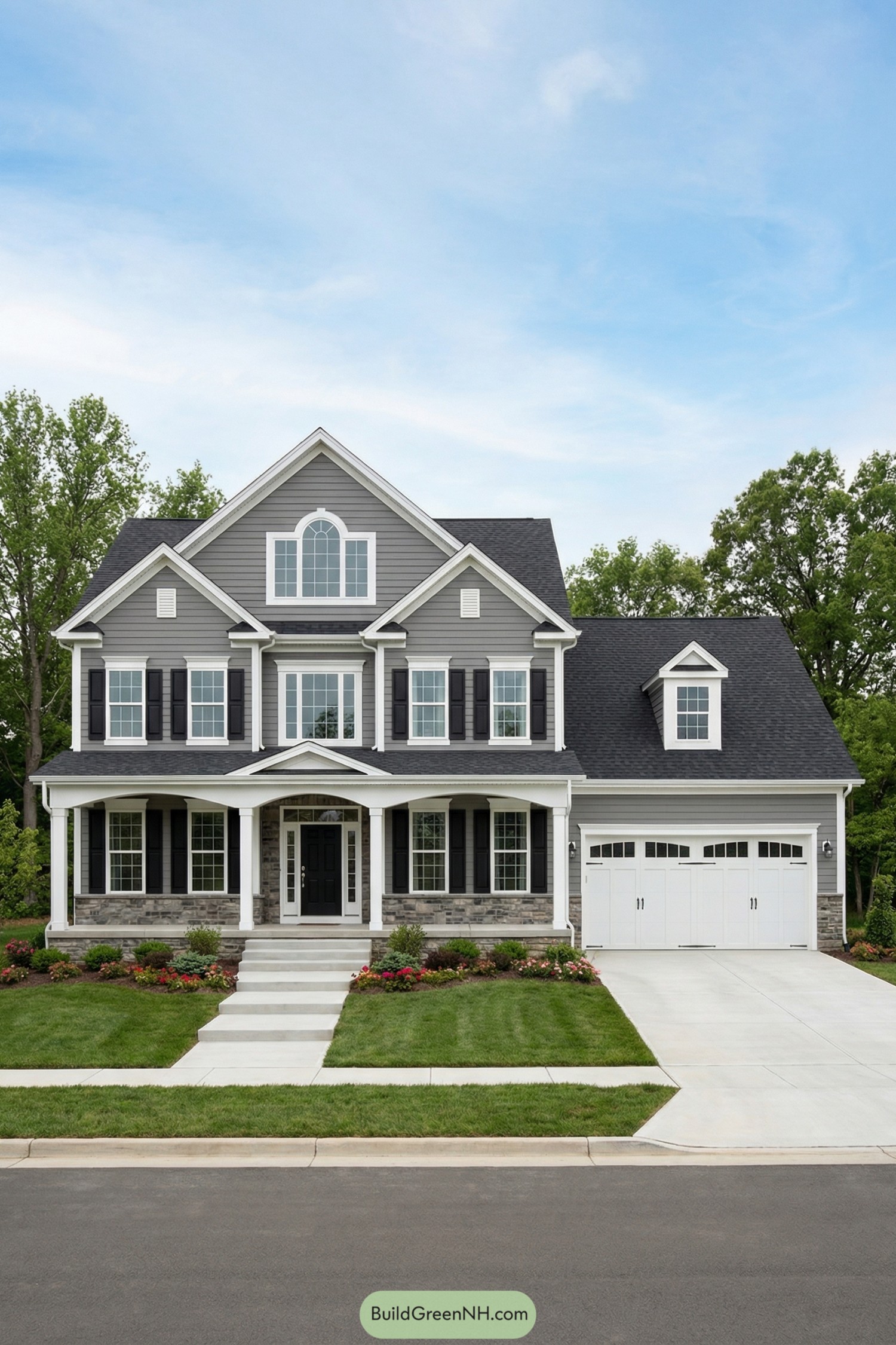 Gray colonial home with wide front porch and attached three car garage