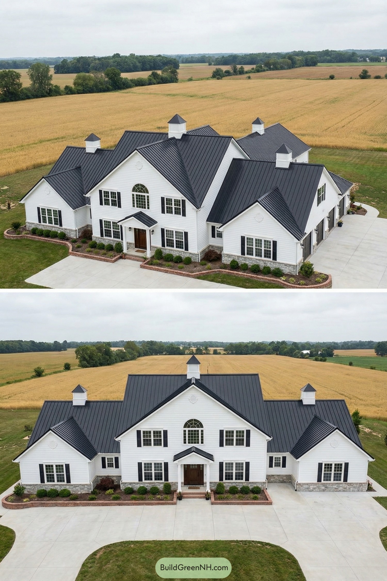 White colonial style barndominium with black metal roof, cupolas, and symmetrical front façade set amid wide open farmland