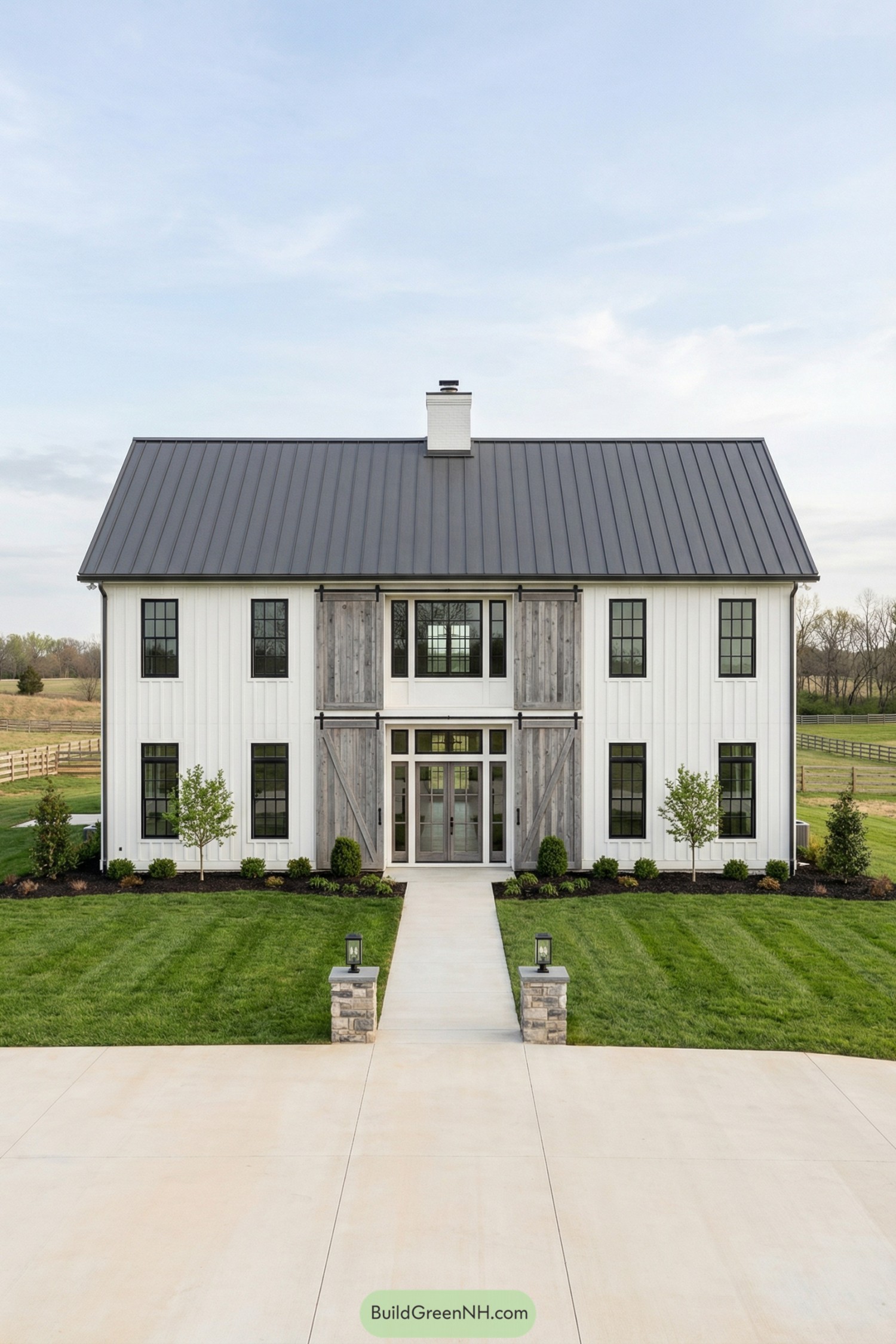 Modern white barn style home with tall metal roof and central glass entry