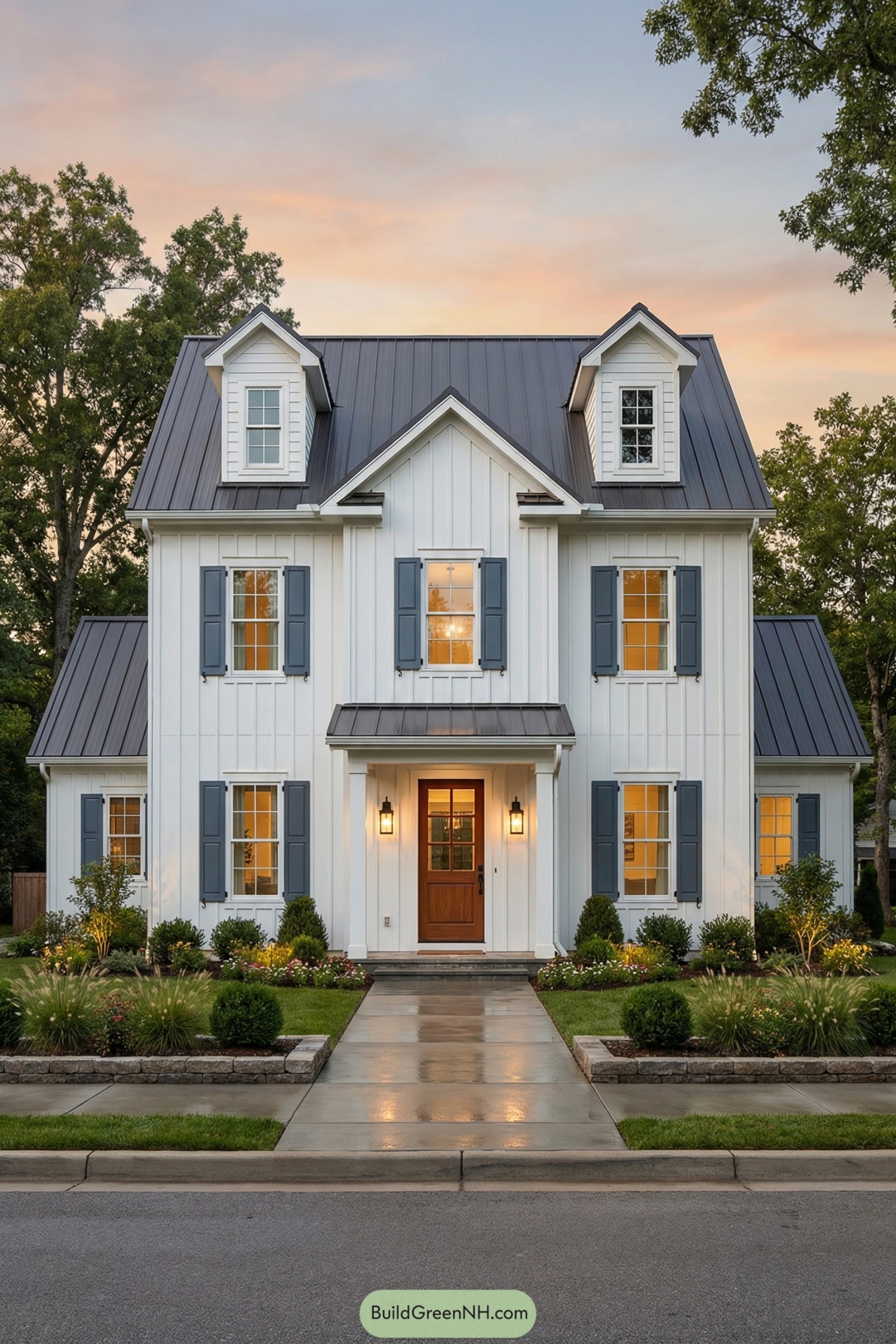 White colonial barndominium with blue shutters and metal roof at dusk