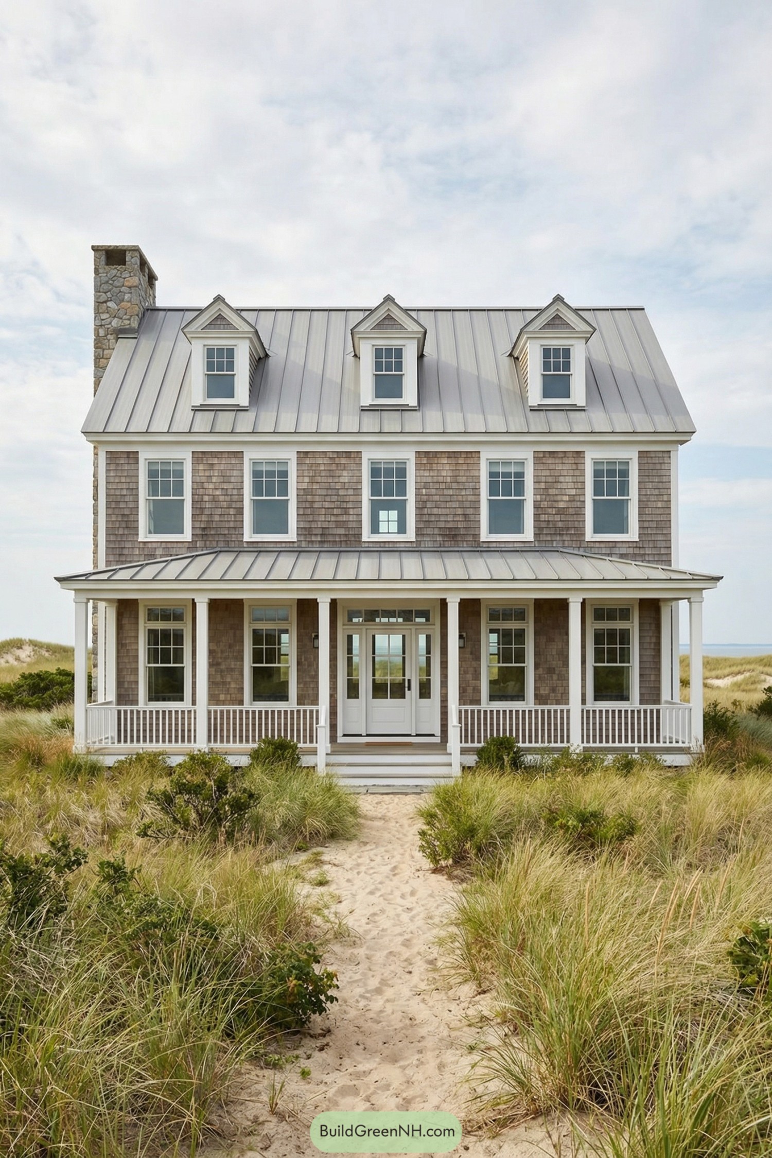 Two story shingled colonial home with metal roof and wraparound porch set in sandy dunes