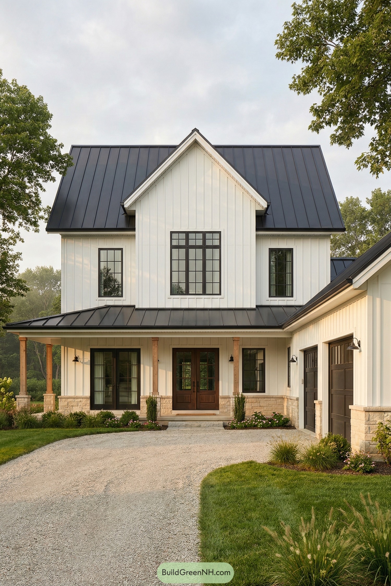 White board and batten colonial barndominium with dark metal roof and inviting front porch