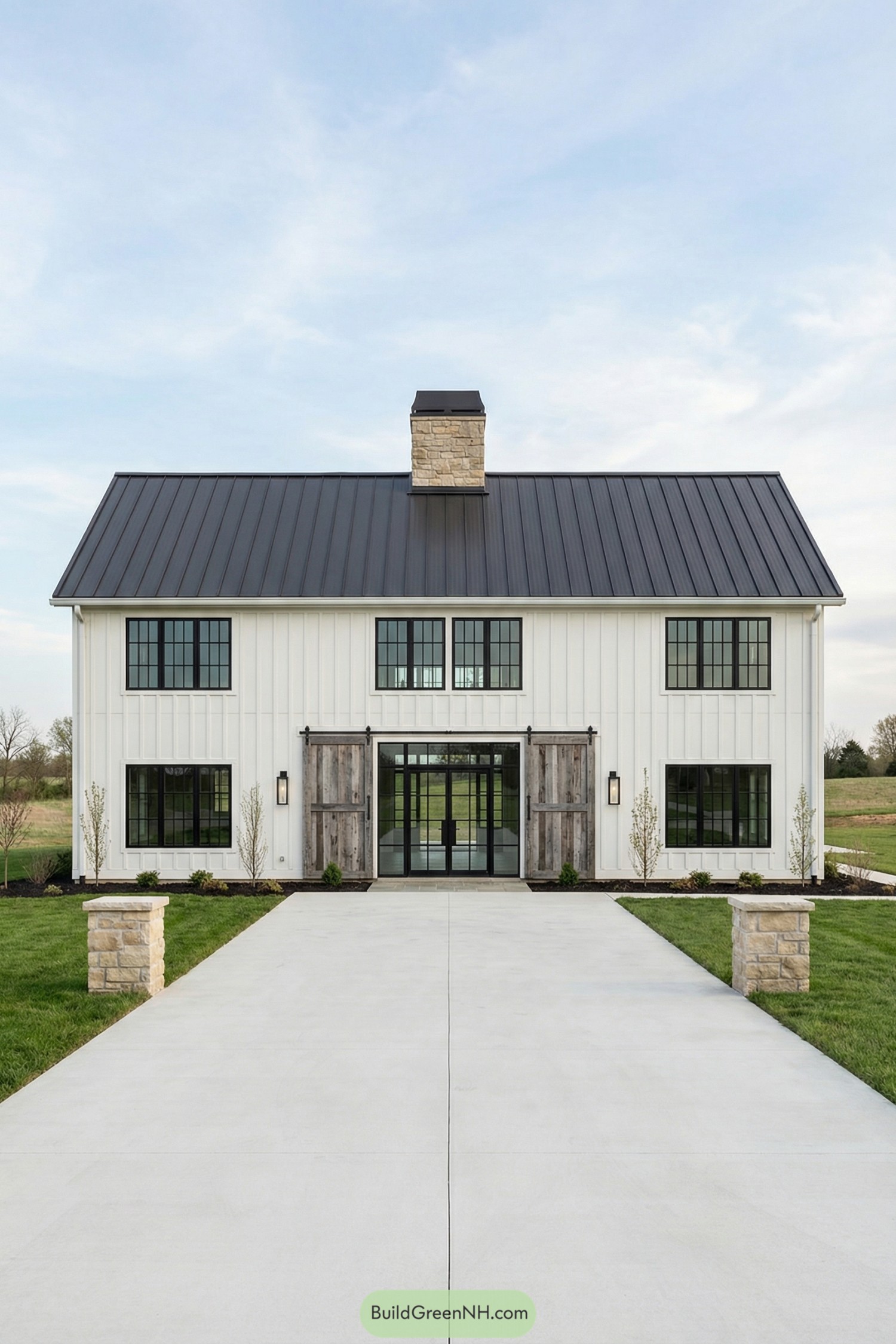 White colonial barndominium with black metal roof, stone chimney, and glass entry framed by wood sliders