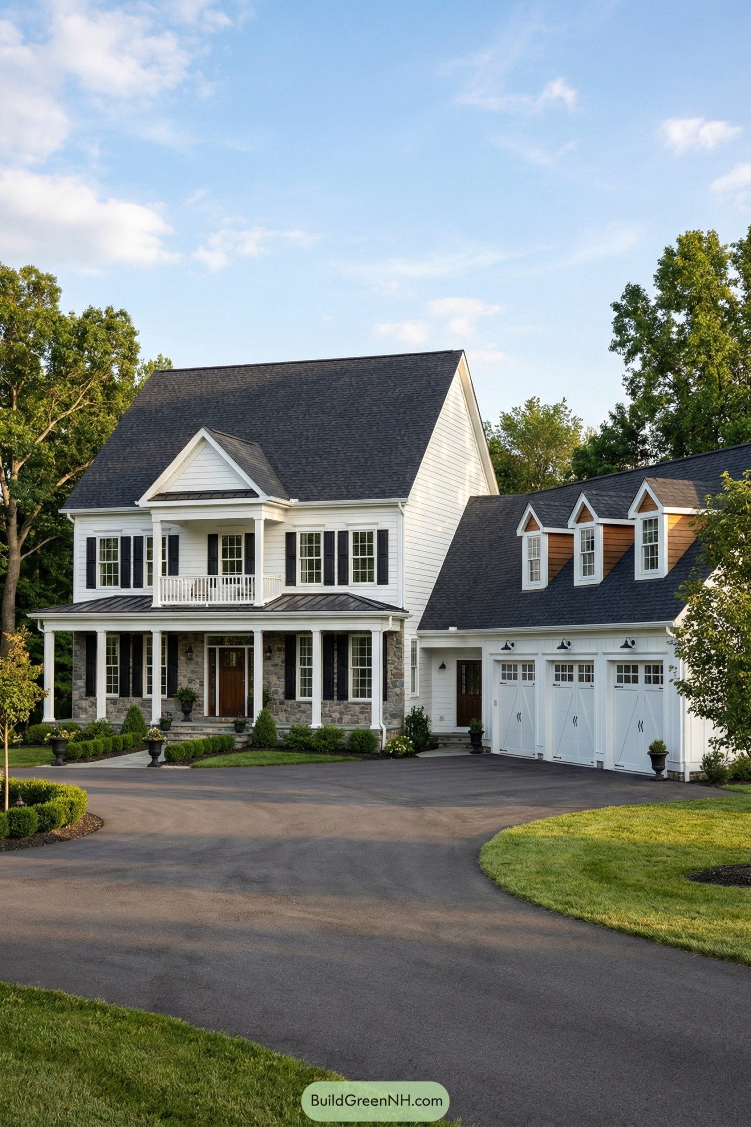 White colonial style home with stone accents and attached three bay carriage style garage