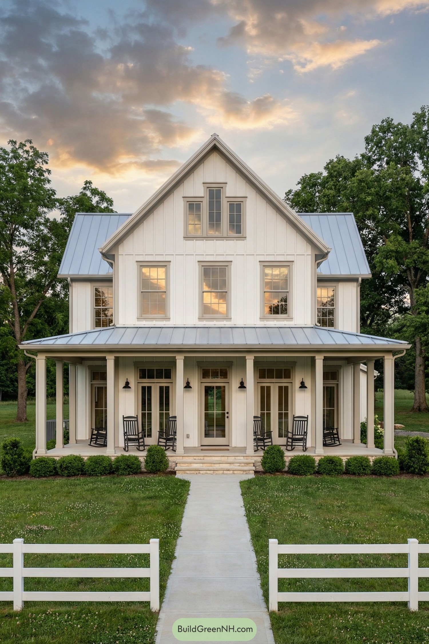 White colonial farmhouse with metal roof and deep front porch