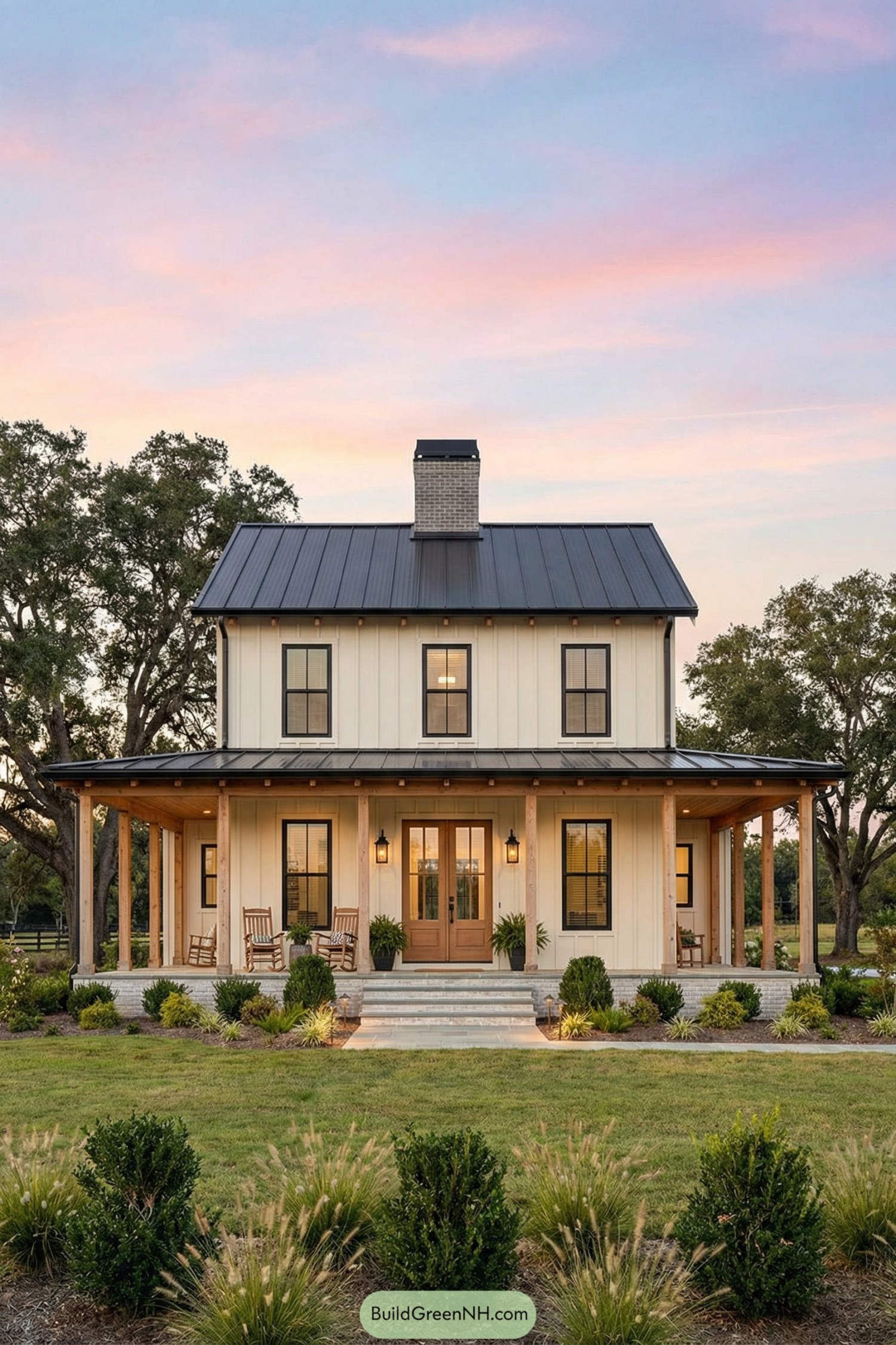 Two story cream board and batten farmhouse with metal roof and wide porch surrounded by landscaping