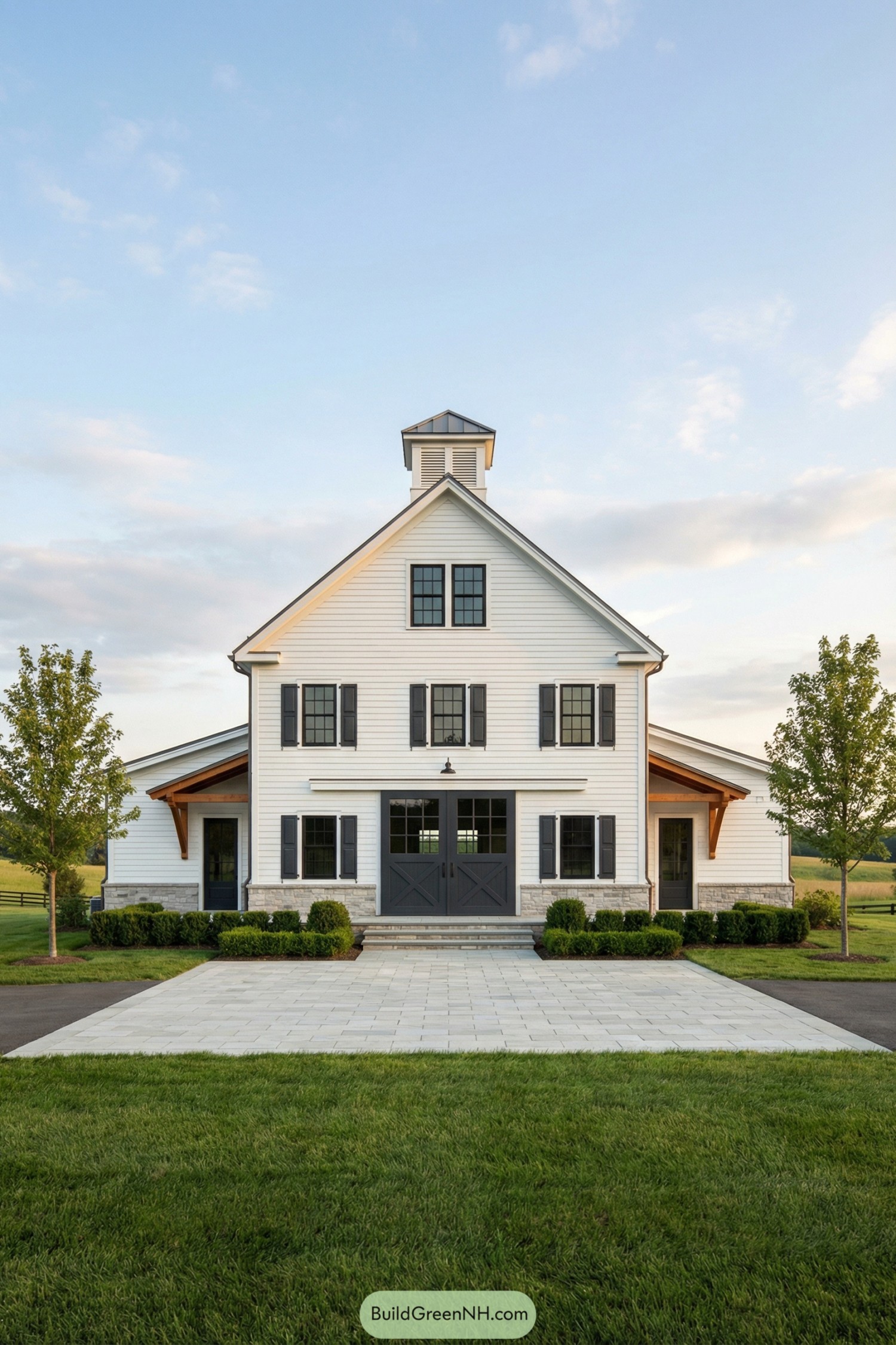 White colonial style barn home with central cupola, dark shutters, and stone base framed by simple landscaping