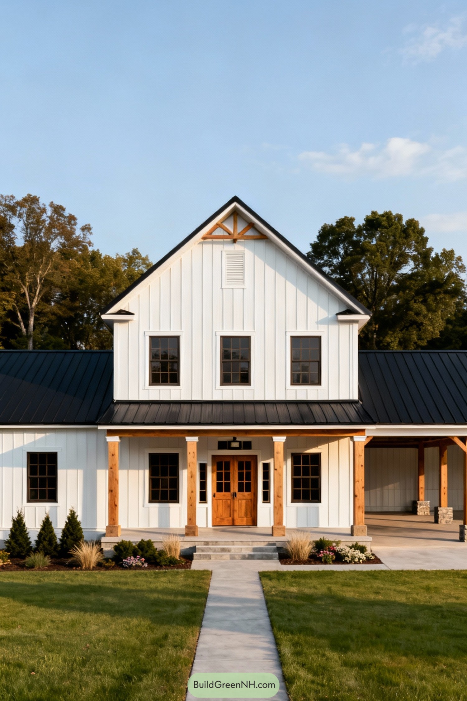 White board and batten colonial barndominium with black metal roof and timber front porch